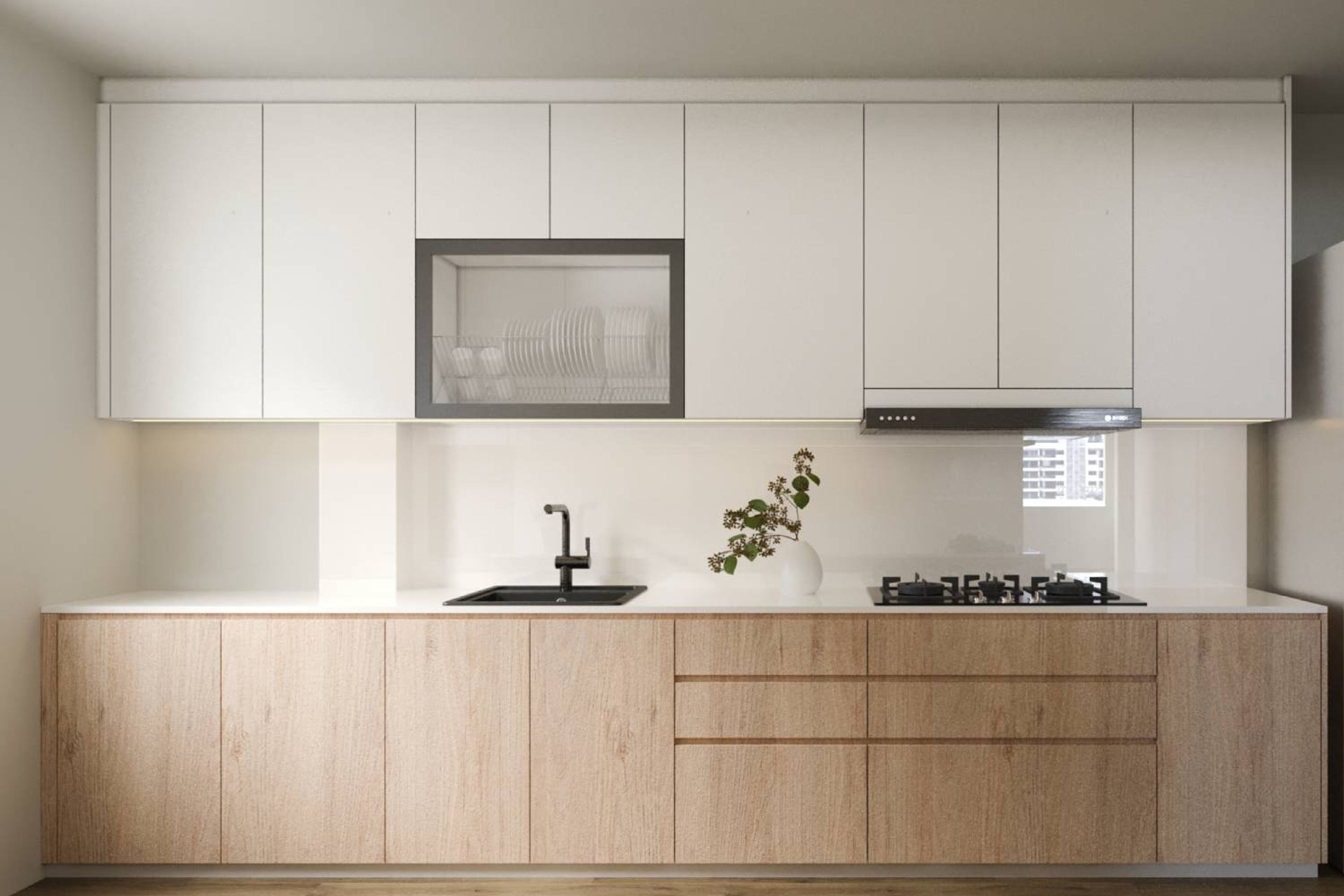 "Scandinavian White And Wood Kitchen Cabinets With Wall-Mounted Frosted Glass Crockery Storage - Livspace White And Wood Kitchen Cabinets With Grey Washing Machine - Livspace"