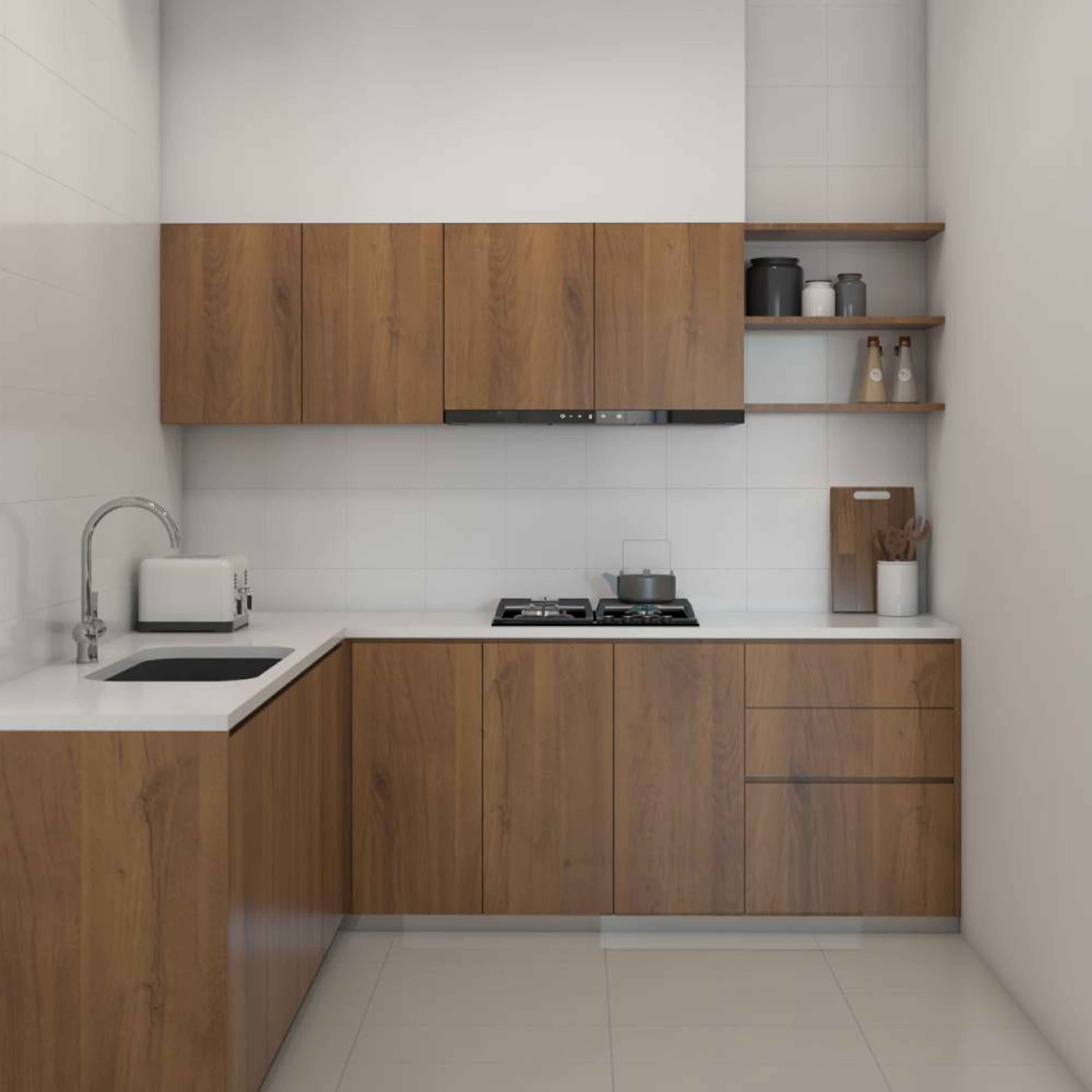 L Shaped Wooden Modular Kitchen Design With White Quartz Countertop - Livspace