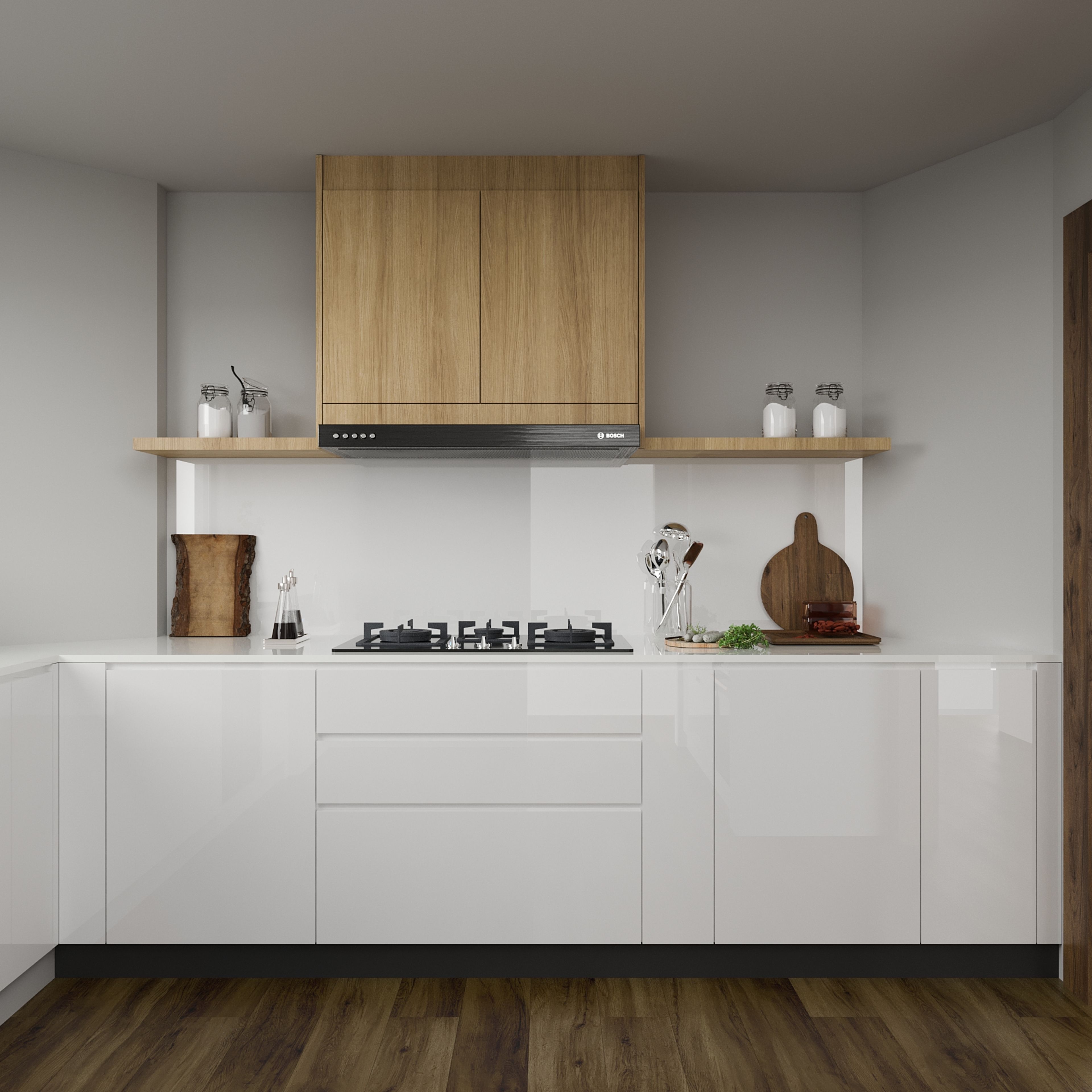 "White Glossy Base Cabinets With Wooden Chimney Unit - Livspace White Glossy Base Units With Dishwasher - Livspace White Wall And Base Kitchen Units With Oven - Livspace "
