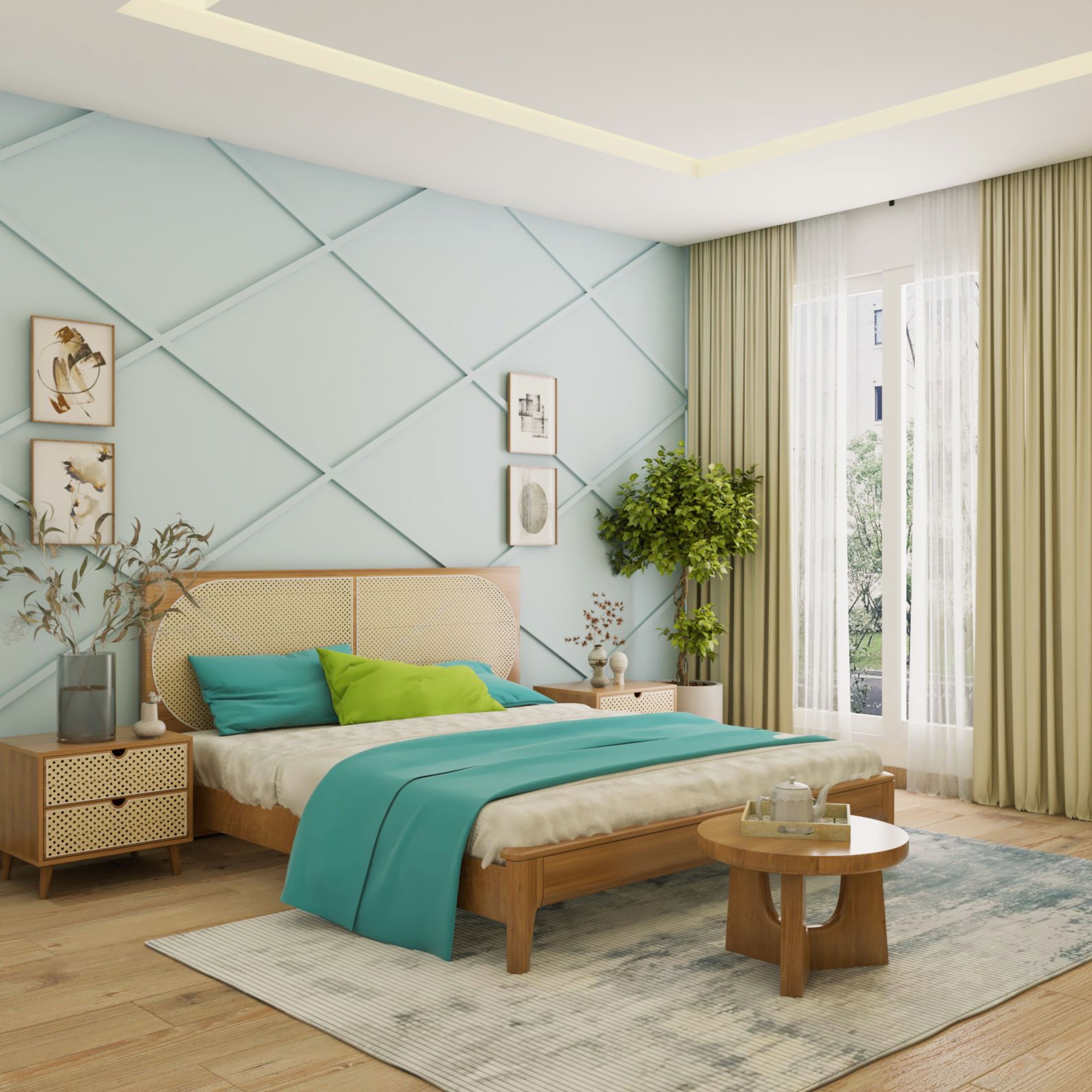 Master Bedroom With Wood-Rattan Queen-Sized Bed And Blue Accent Wall With Panelling - Livspace