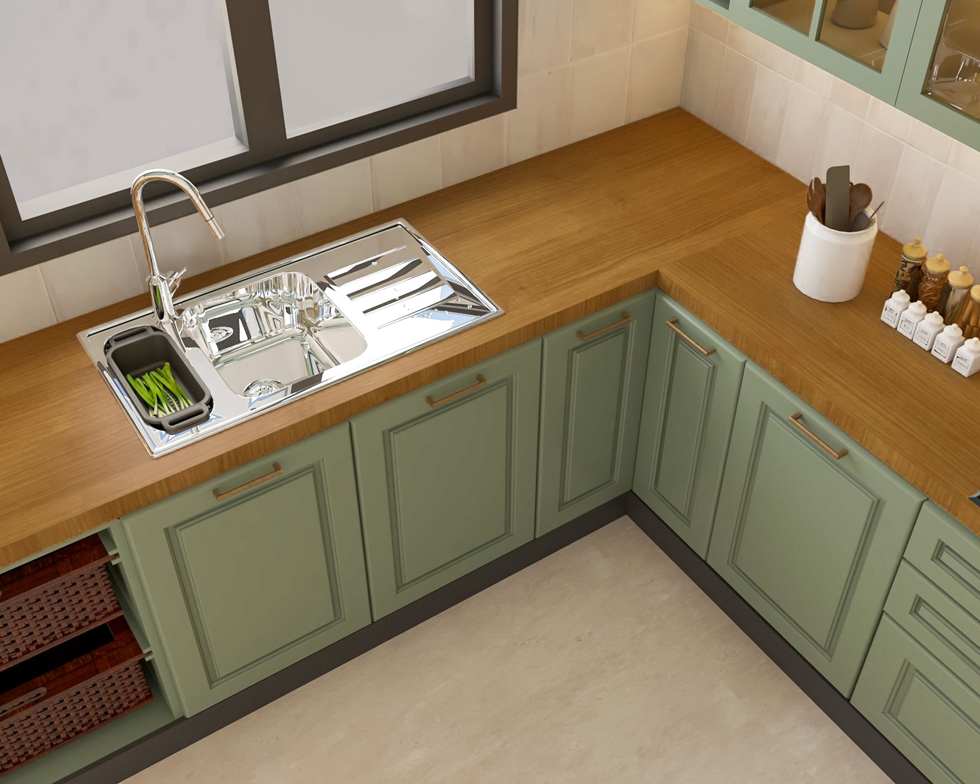 Modern Stainless Steel Double Bowl Basin Wash With Drainboard And Wooden Countertop