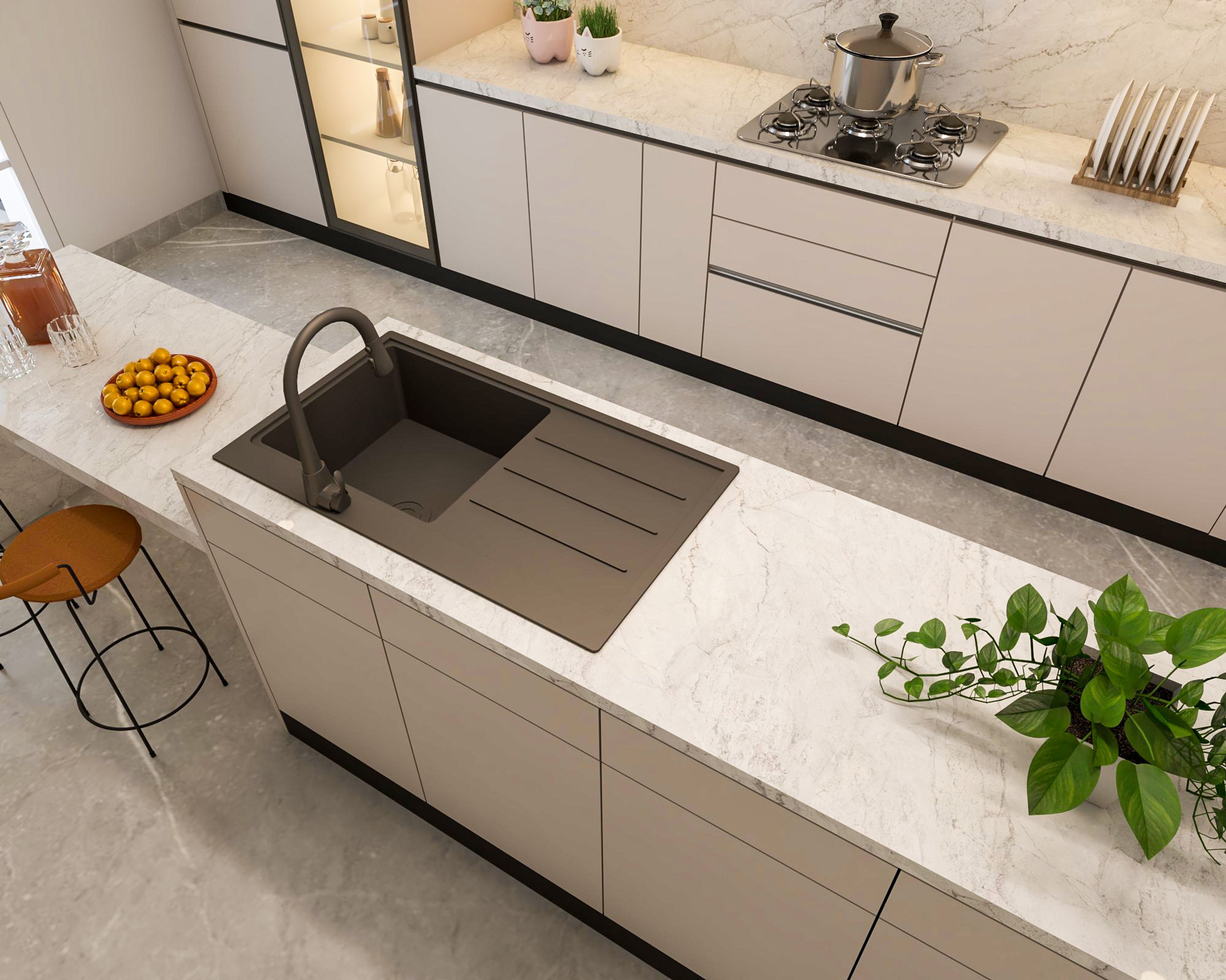 Contemporary Black Quartz Top Mount Basin Wash With Drainboard