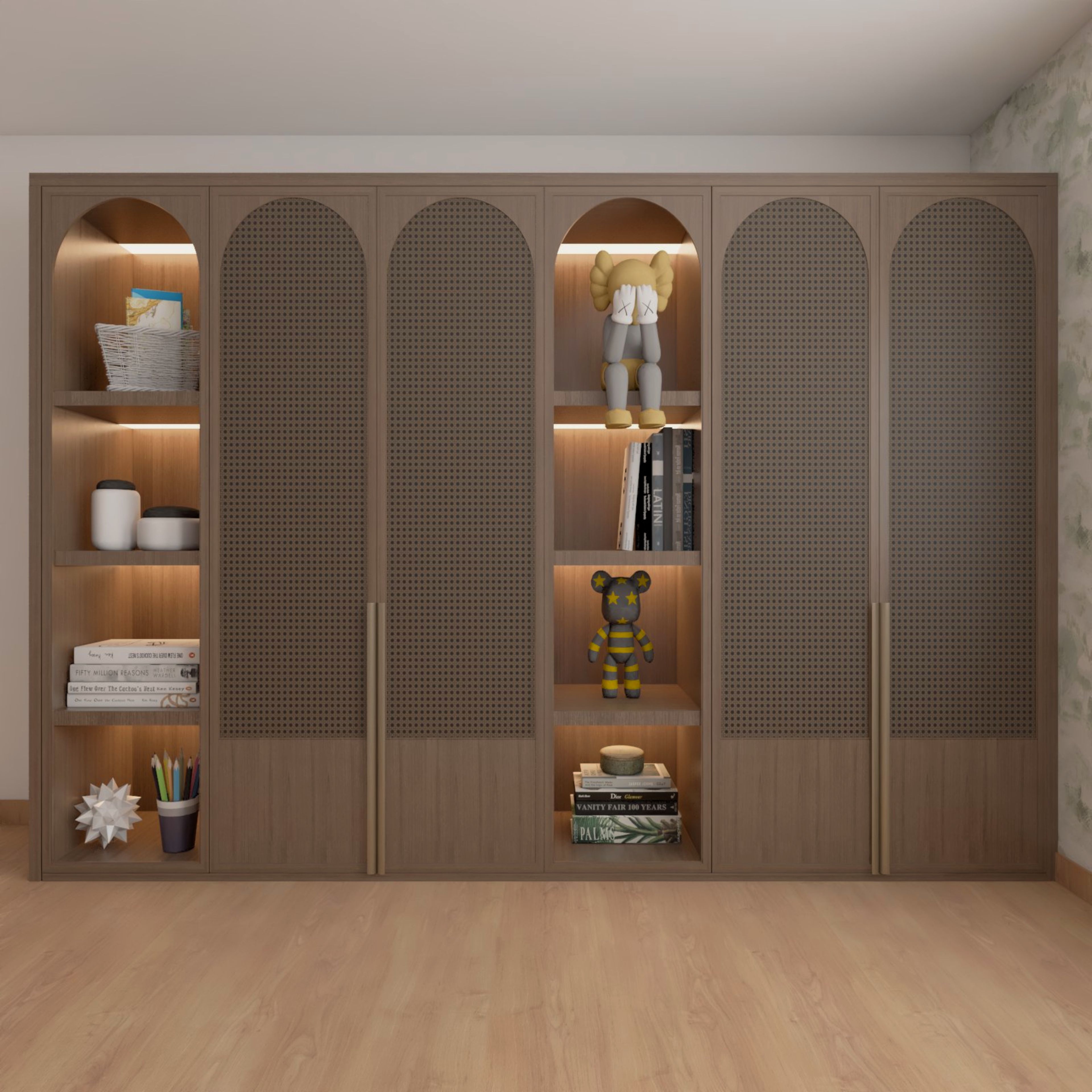 Spacious Wooden Wardrobe With 4-Door Arched Rattan Panels And Open Shelves - Livspace