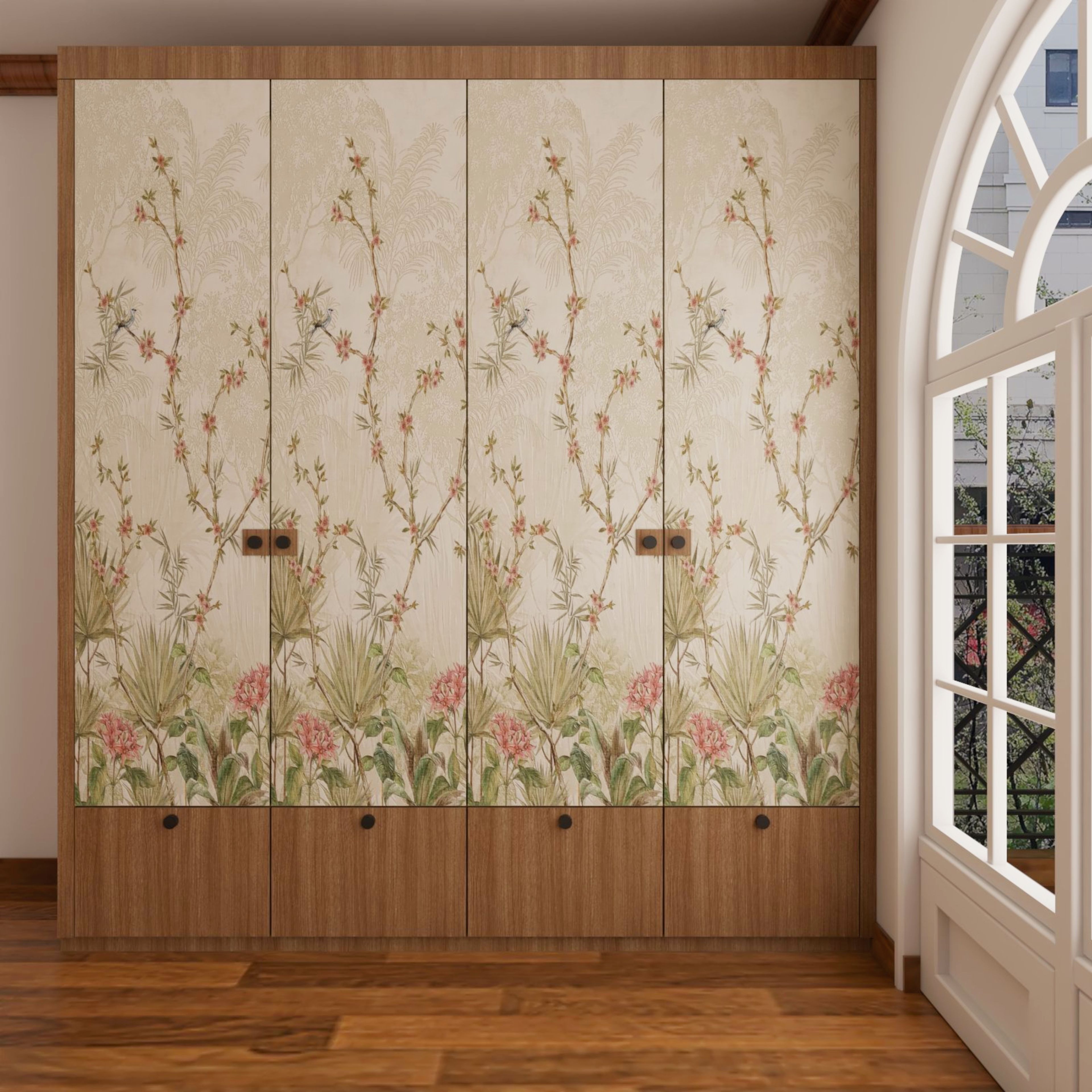 Wooden 4-Door Swing Wardrobe Design With Floral Wallpaper Panels In Beige, Green And Pink - Livspace
