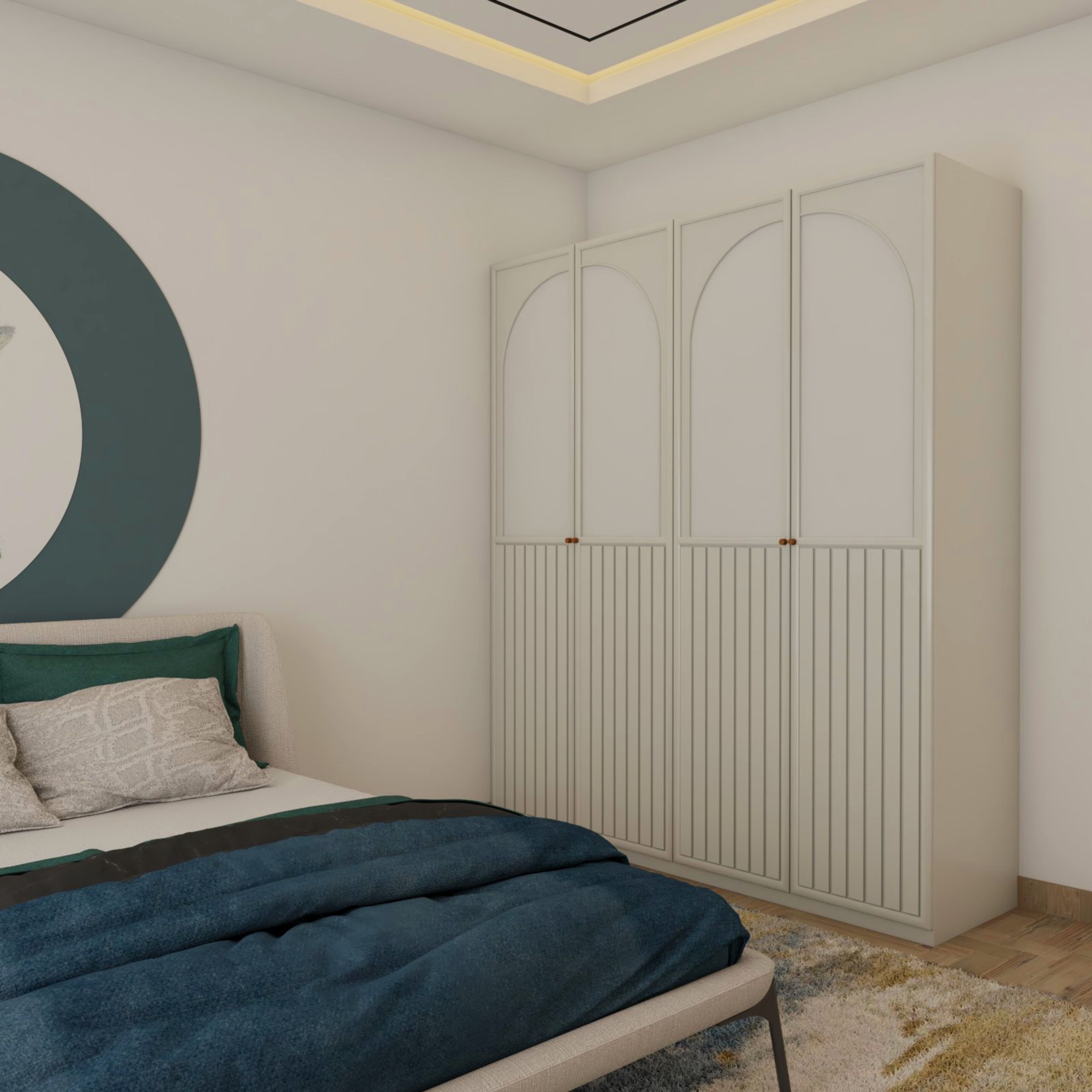 Spacious 4-Door White Fluted Wardrobe Design In White With Arches - Livspace