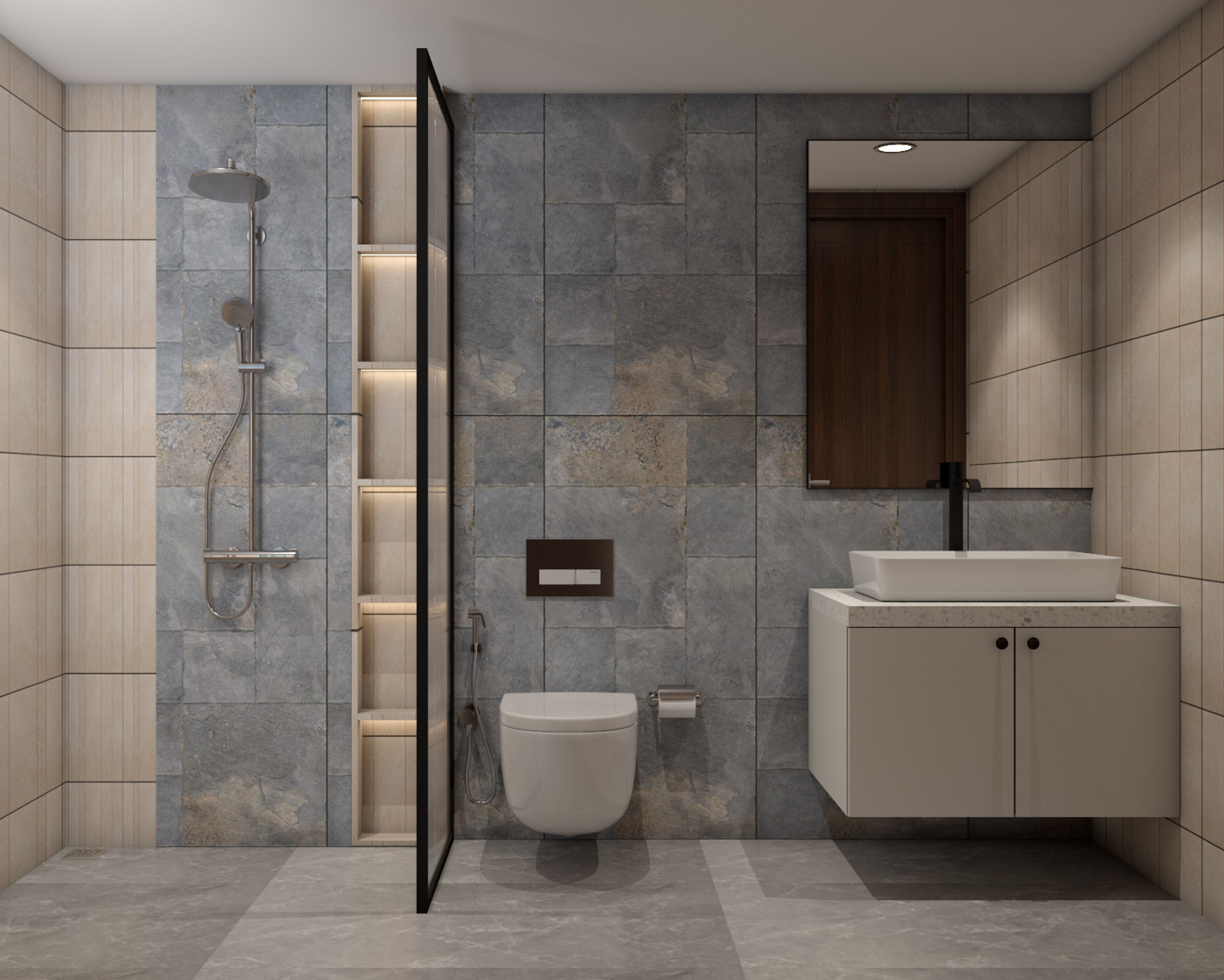 Contemporary Bathroom Design with Grey Ceramic Tiles