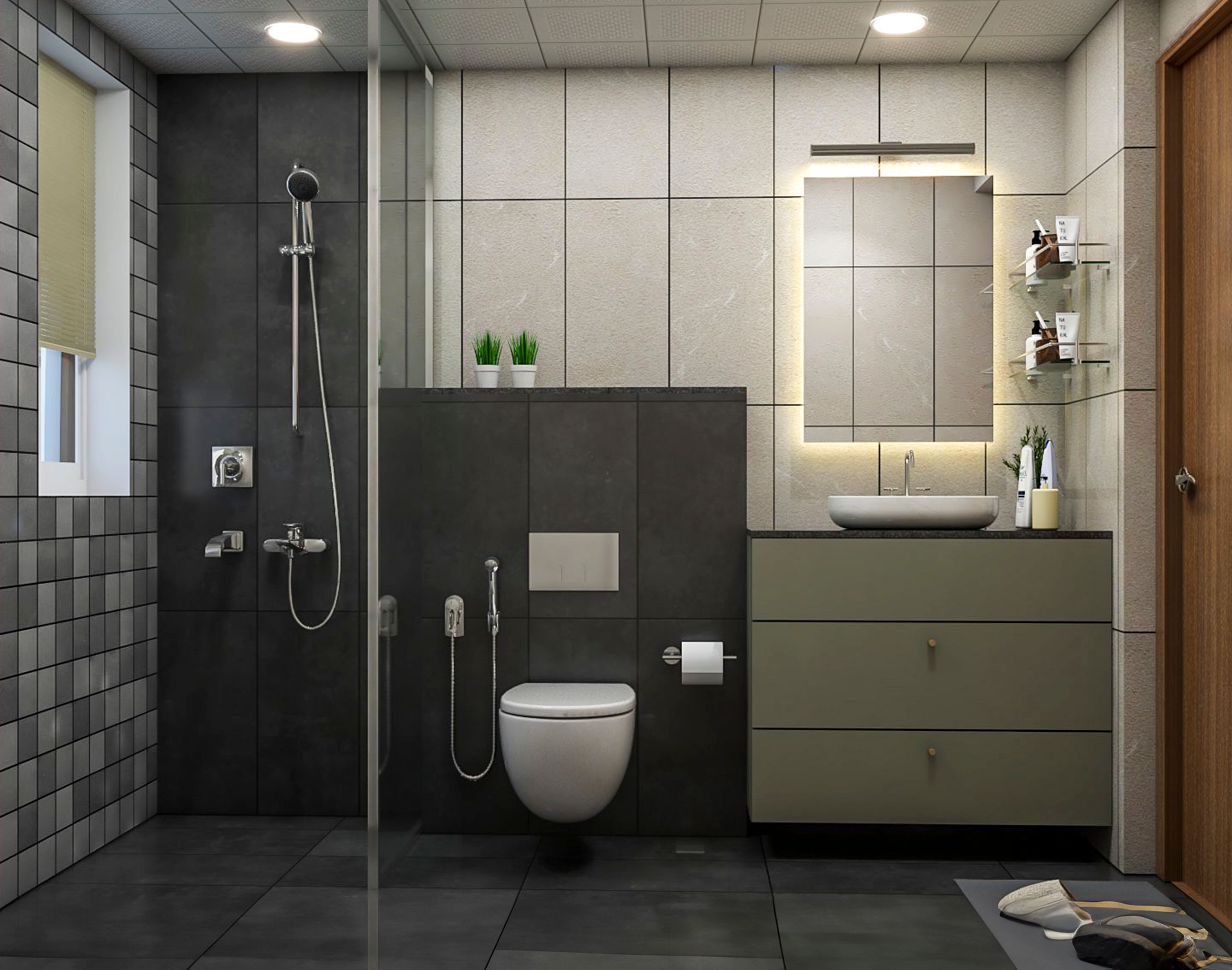 Contemporary Bathroom Design with Vanity and Light Brown Tiles