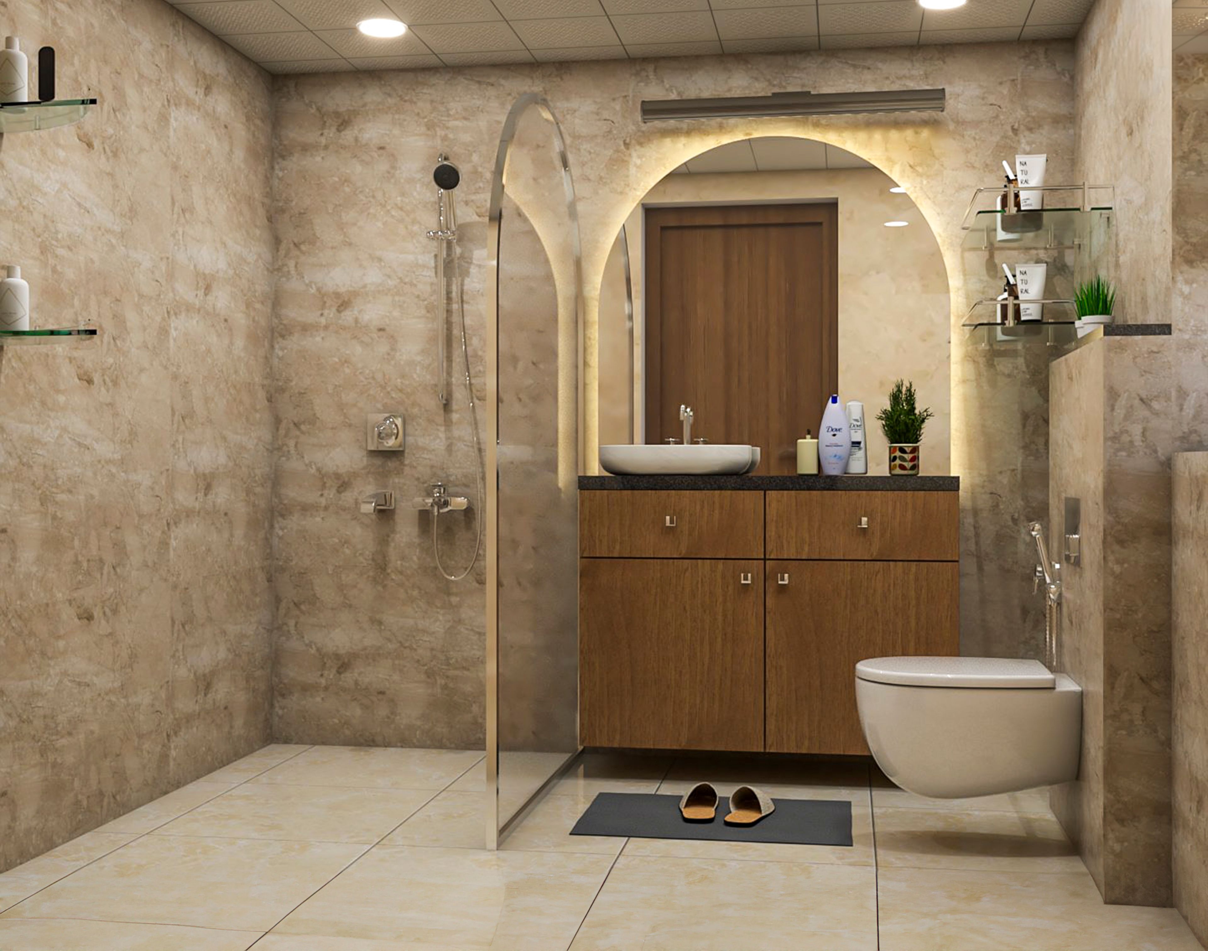 Contemporary Bathroom Design with Light Brown Tiles and Vanity