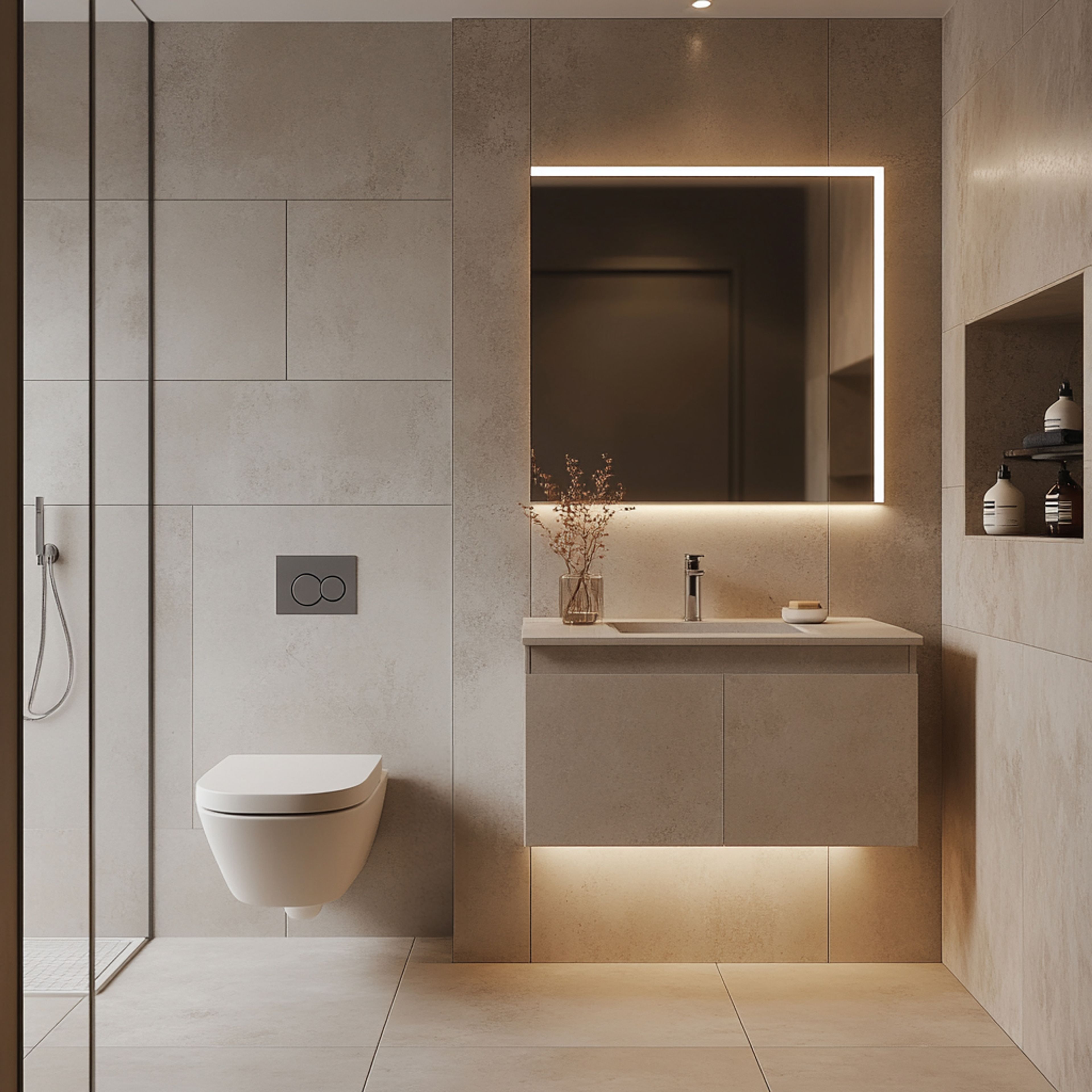Minimalistic Bathroom Design with Beige Tiles and Quartz Countertop