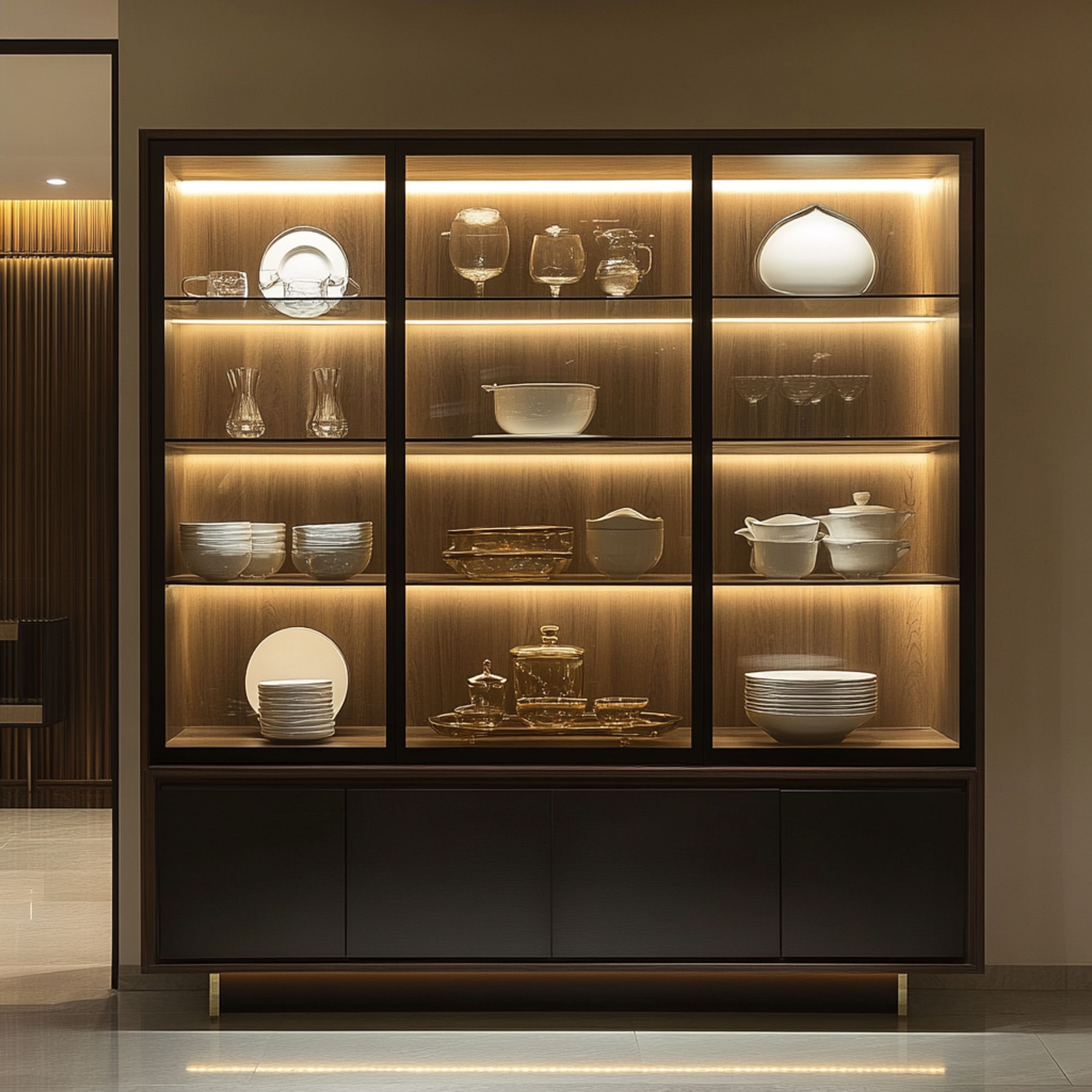 Contemporary Crockery Unit Design with Glass Wall Storage