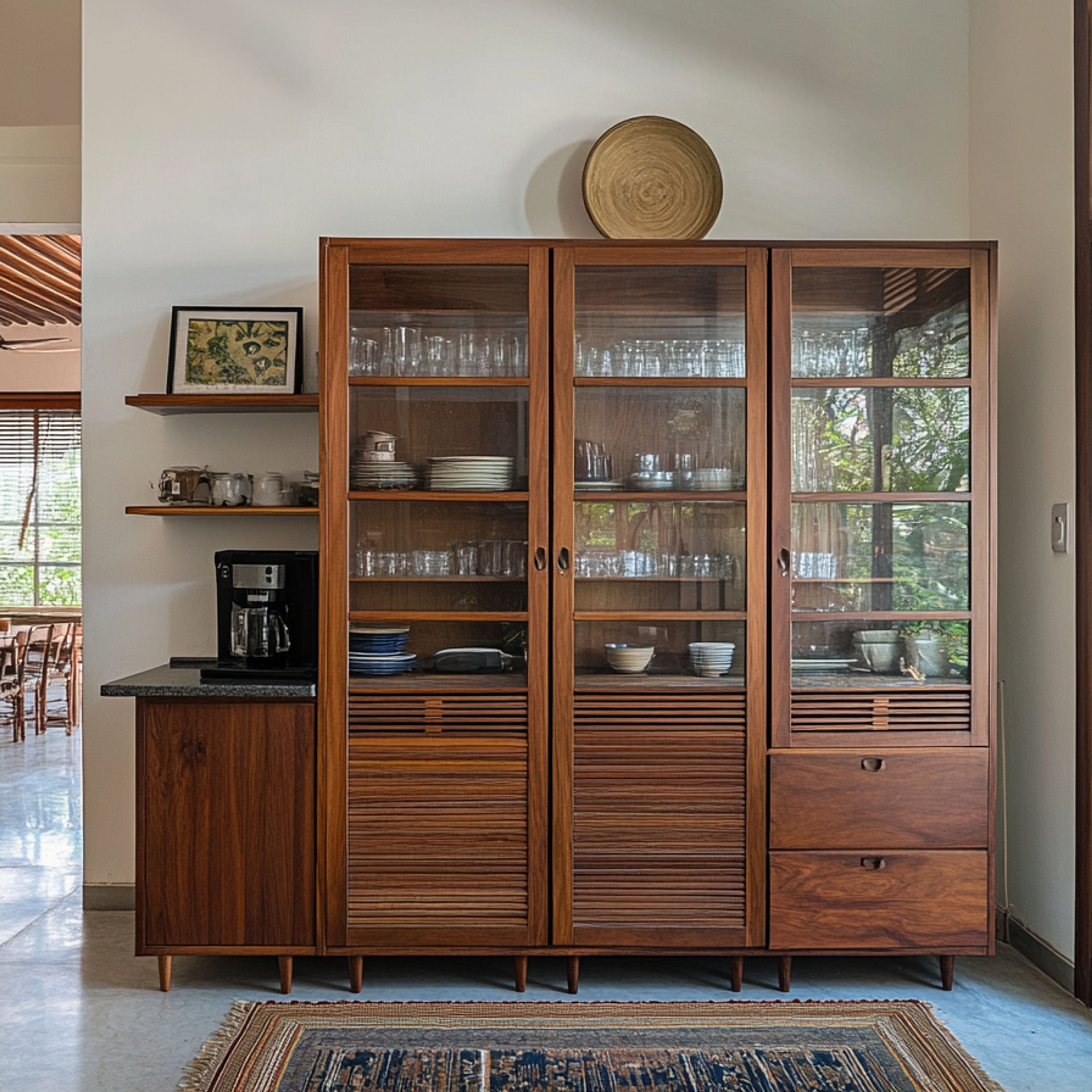 Indian Traditional Wooden Crockery Unit Design with Glass Doors