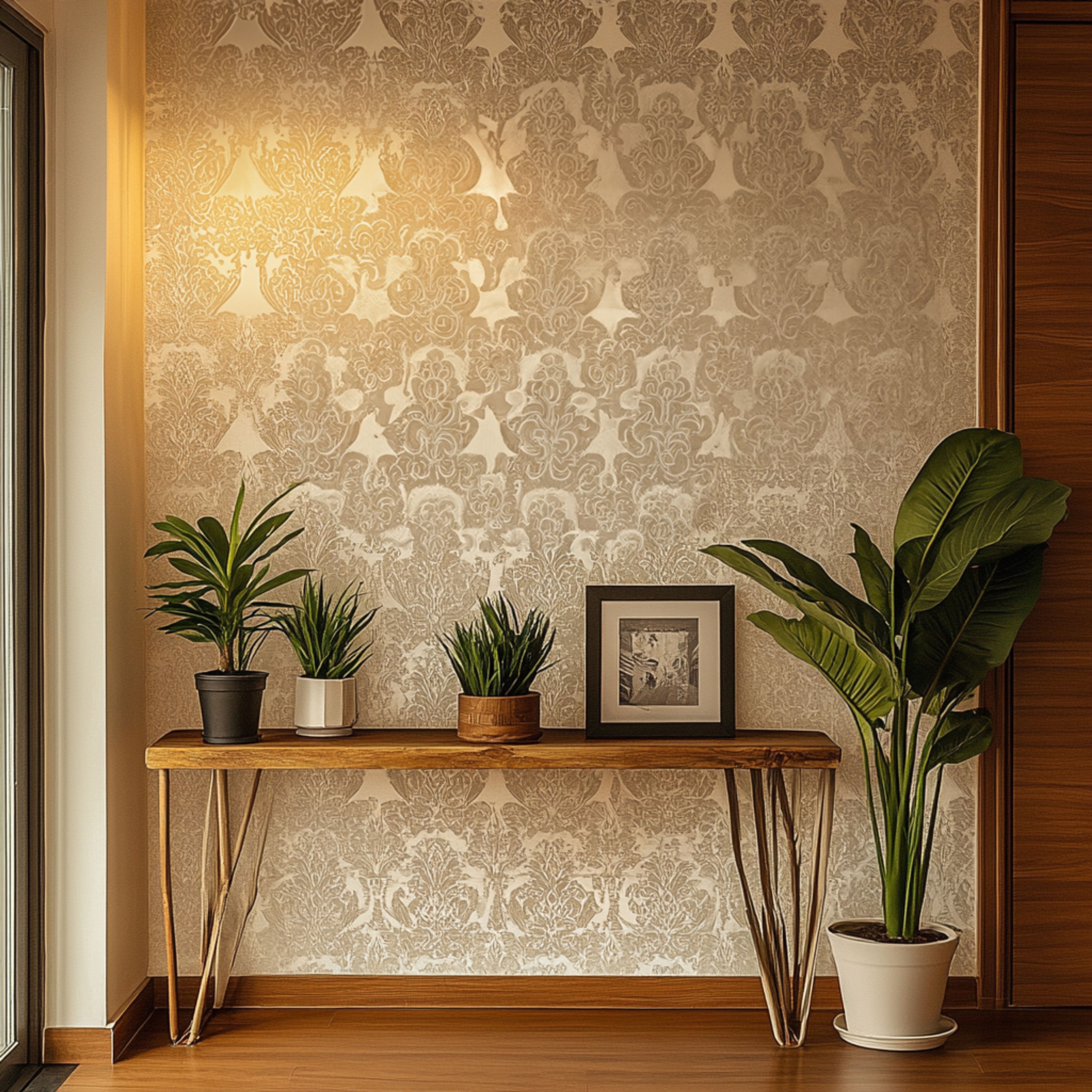 Indian Traditional Foyer Design with Console Table and Patterned Wallpaper