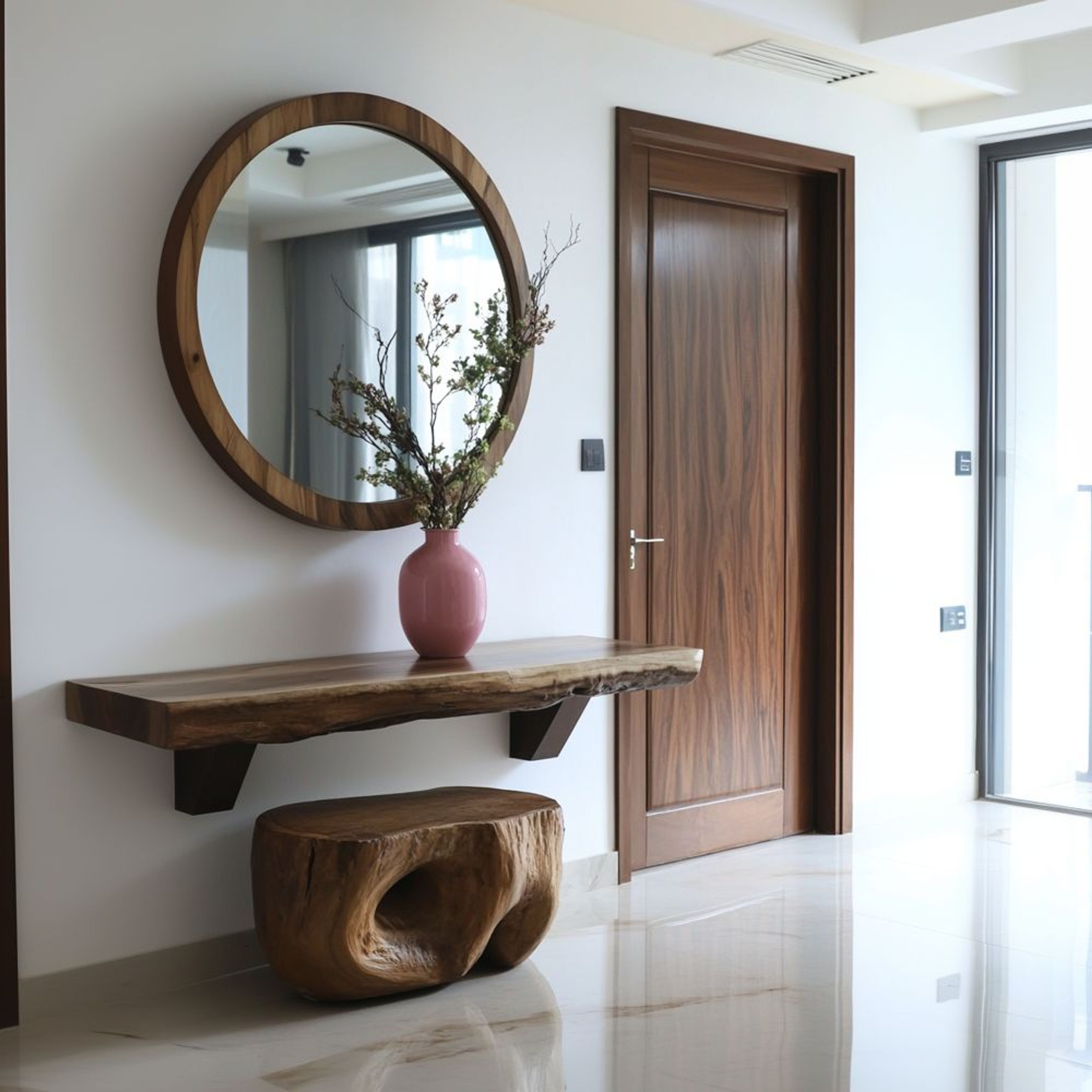 Wooden Foyer Design with Wall-Mounted Console Table