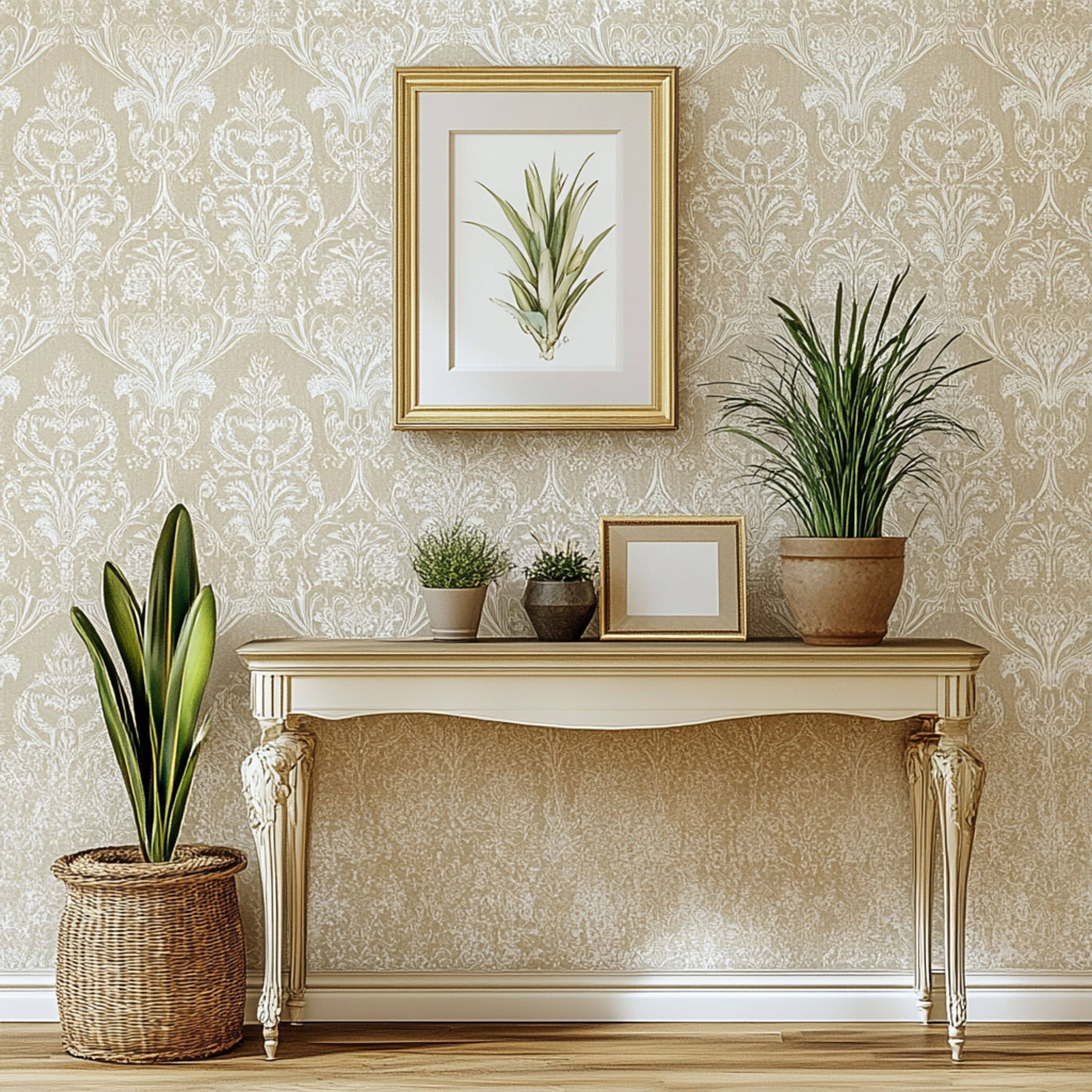 Beige and White Damask Pattern Wallpaper Design for Classic Interiors