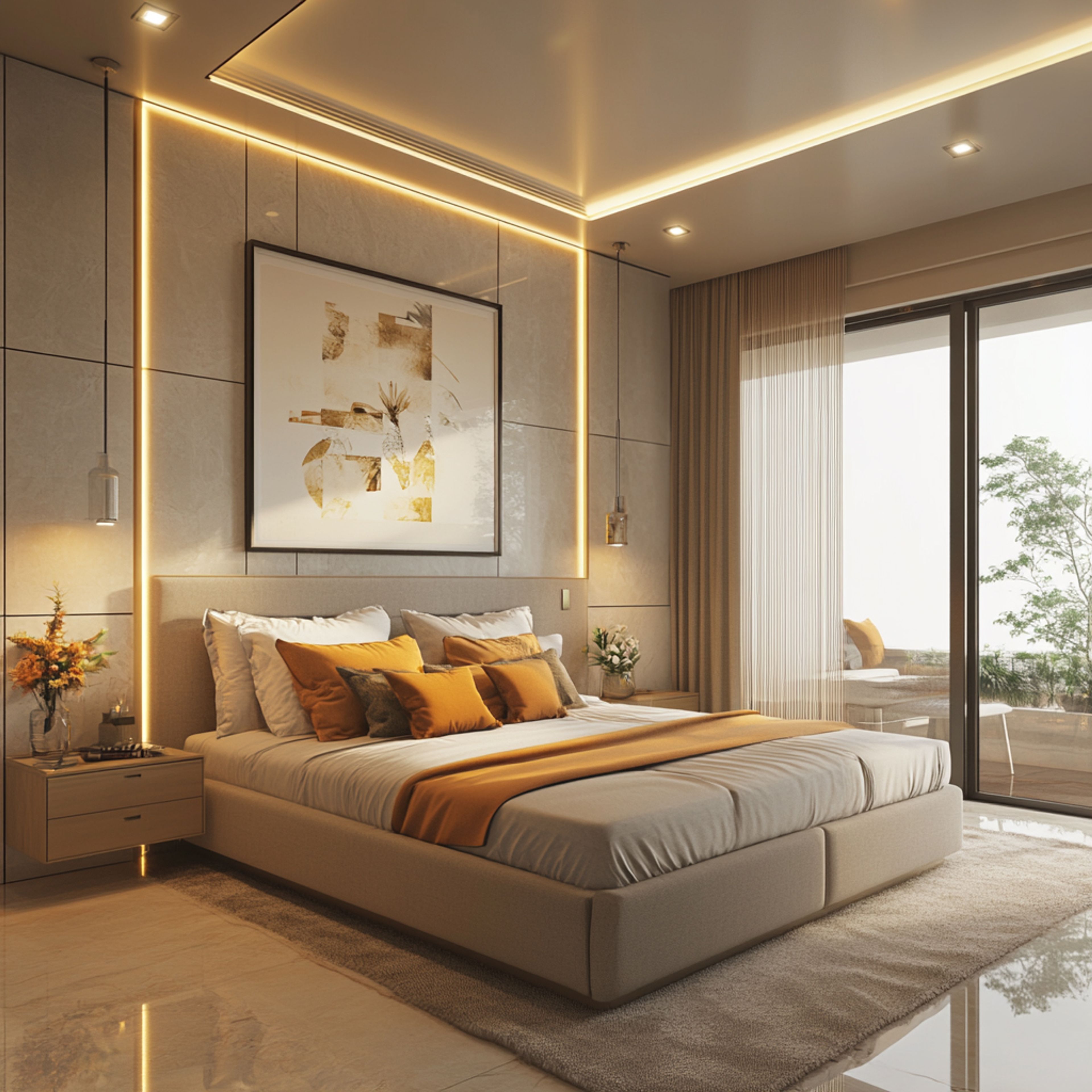 Modern Guest Bedroom Design with Queen Bed and Wooden Panels