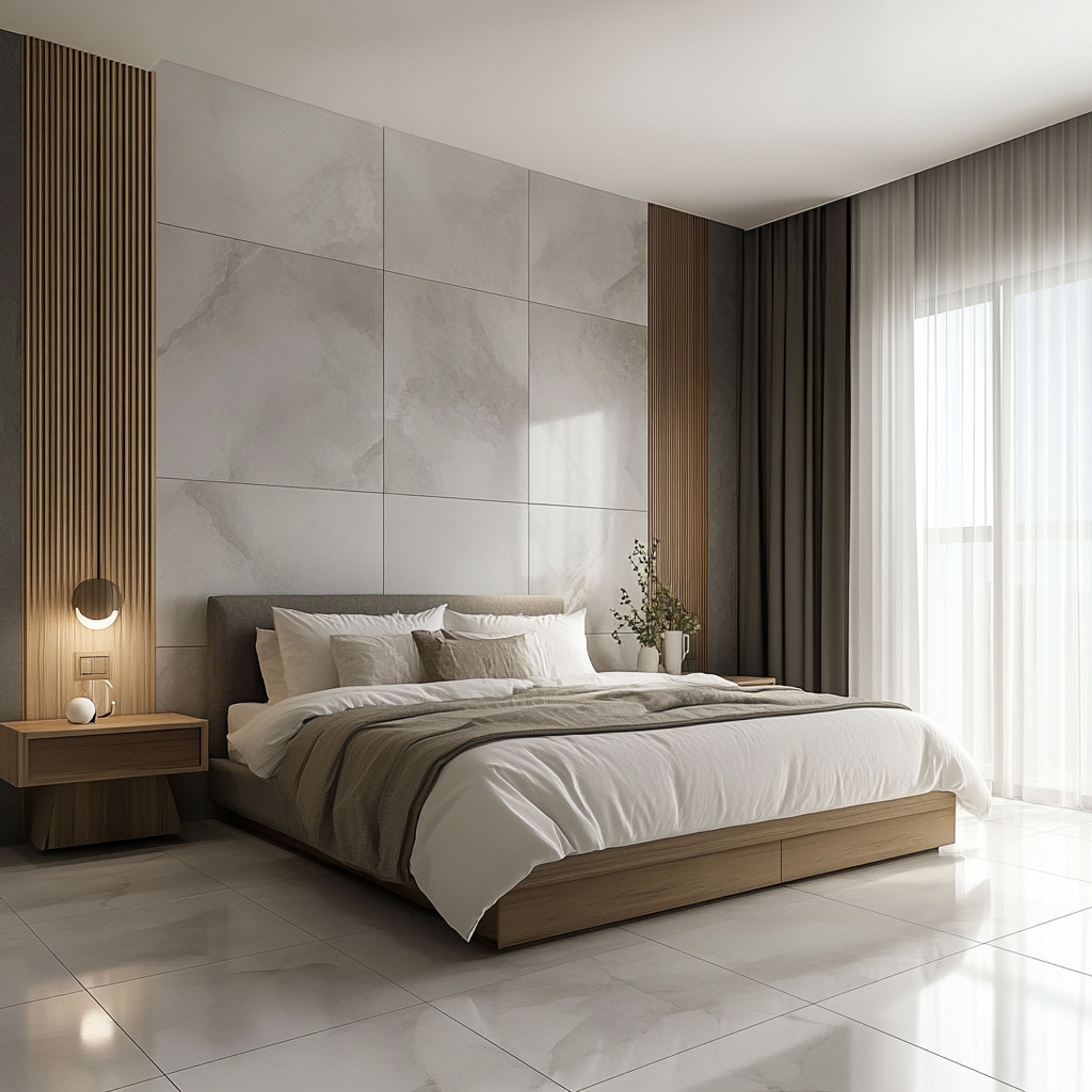 Modern Guest Bedroom Design with Marble, Wood Accents & Plush Bedding