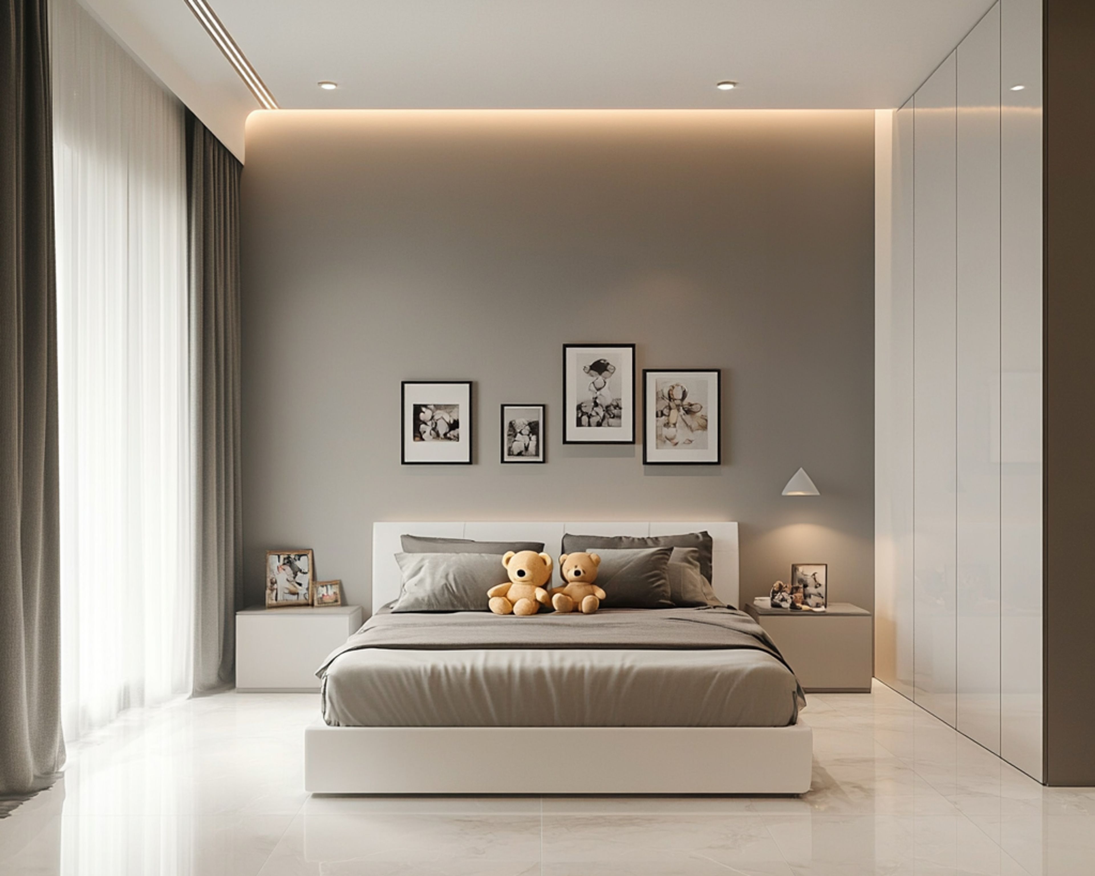 Minimal Kids Bedroom Design with Queen Bed and Spacious Wardrobe