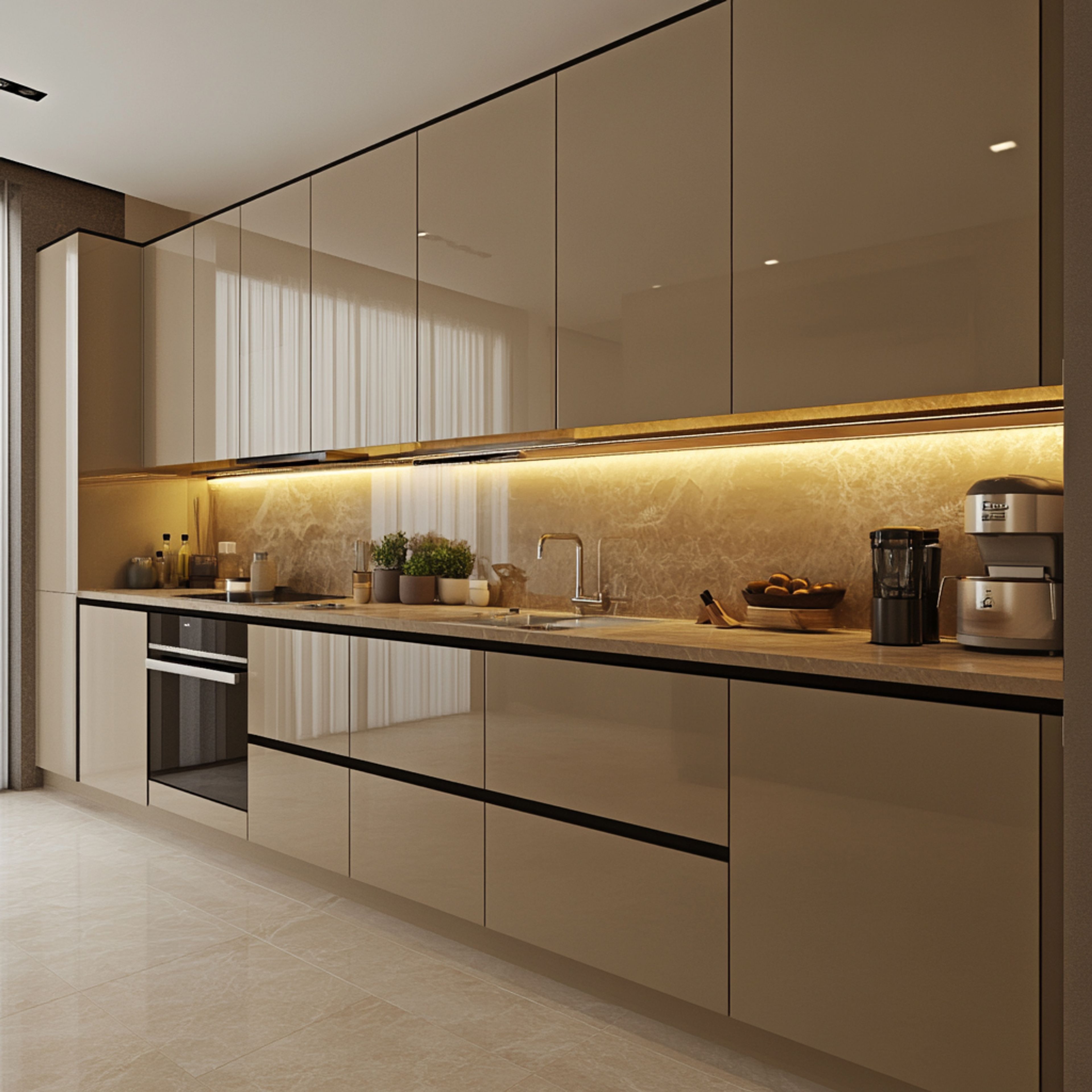 Modern Straight Kitchen Design with Metallic Beige Finish