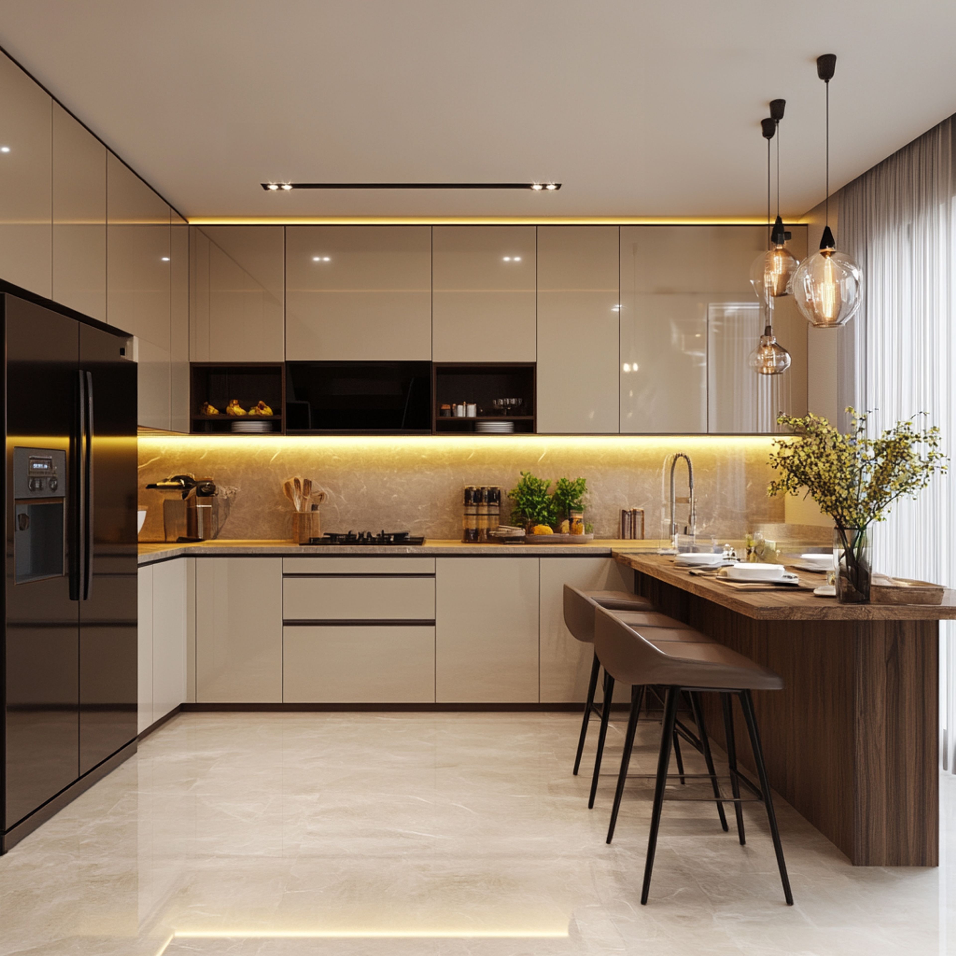 Modern L-Shaped Kitchen Design with High Gloss Laminate Units