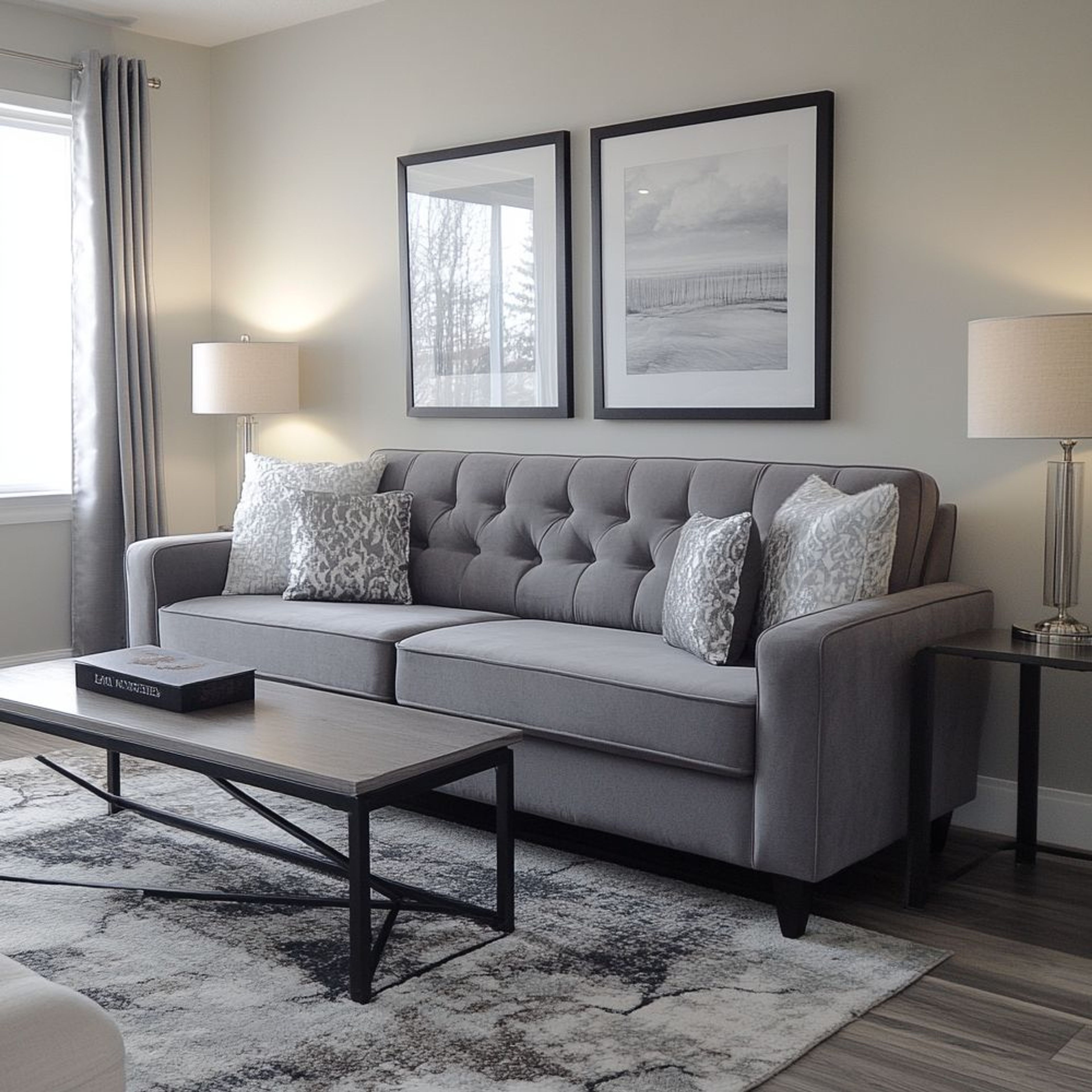 Living Room Design with Grey Sofa and Center Table