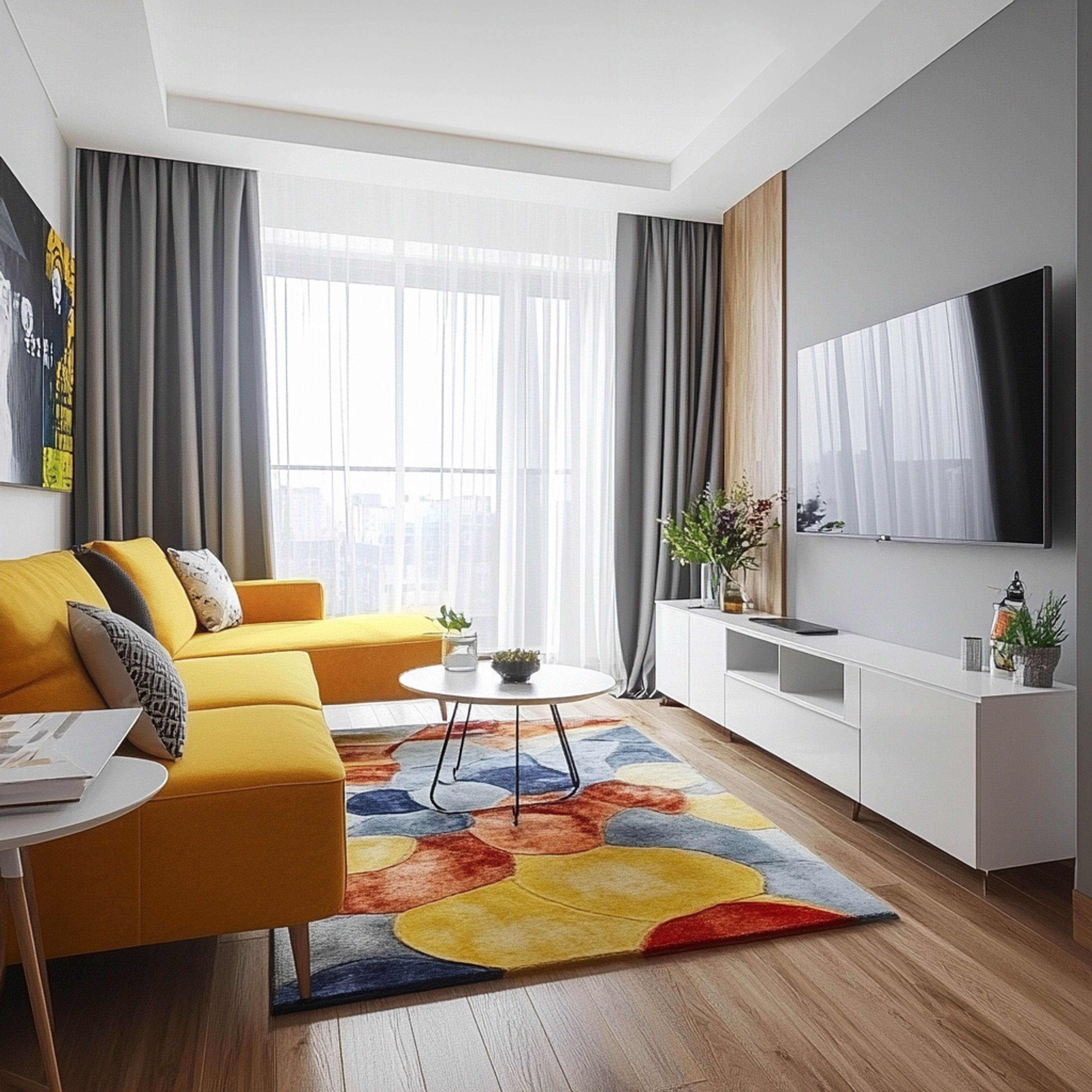 Living Room Design with Bright Yellow Sofa