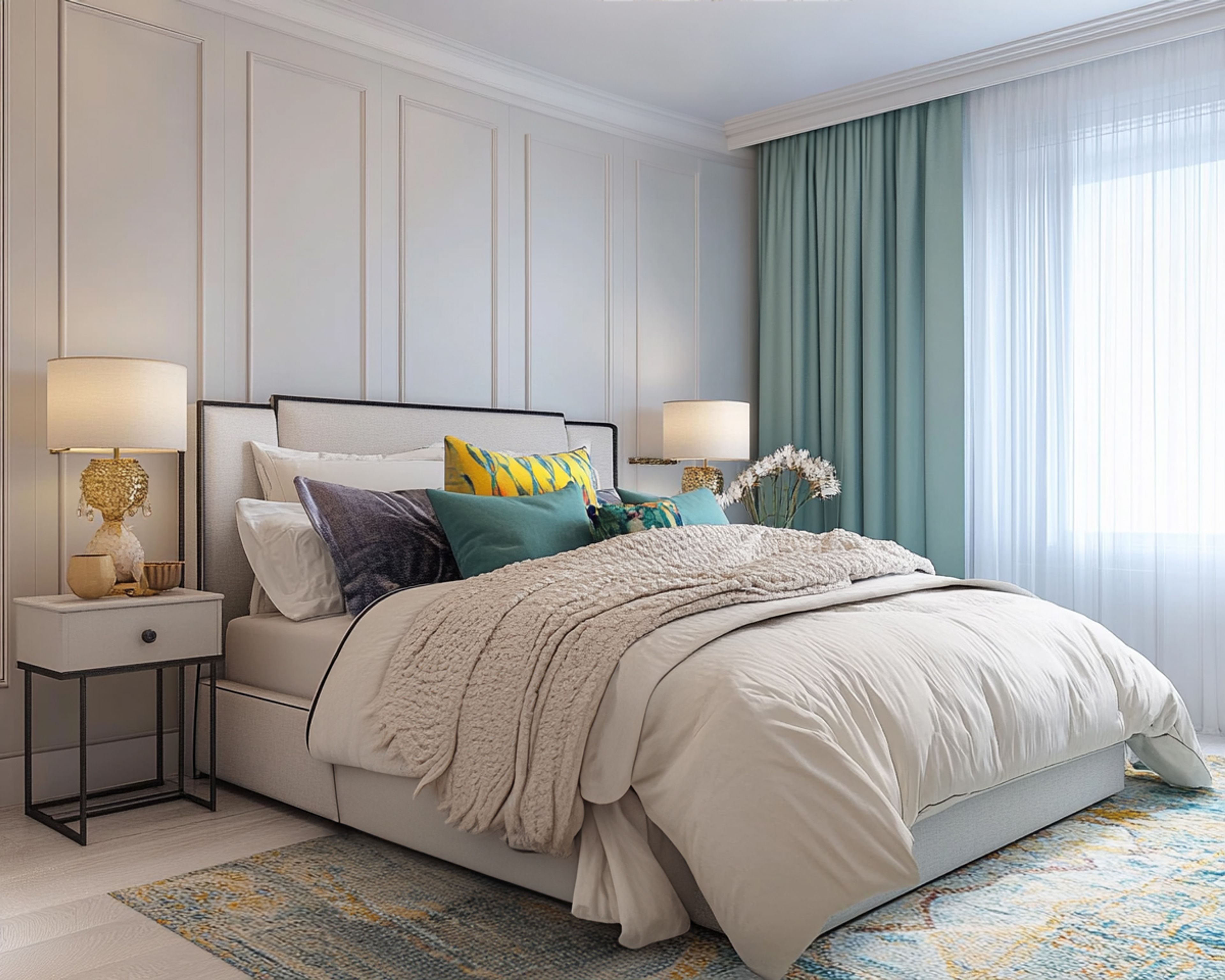 Minimalist Master Bedroom Design with Queen Bed and Crystal Lamps