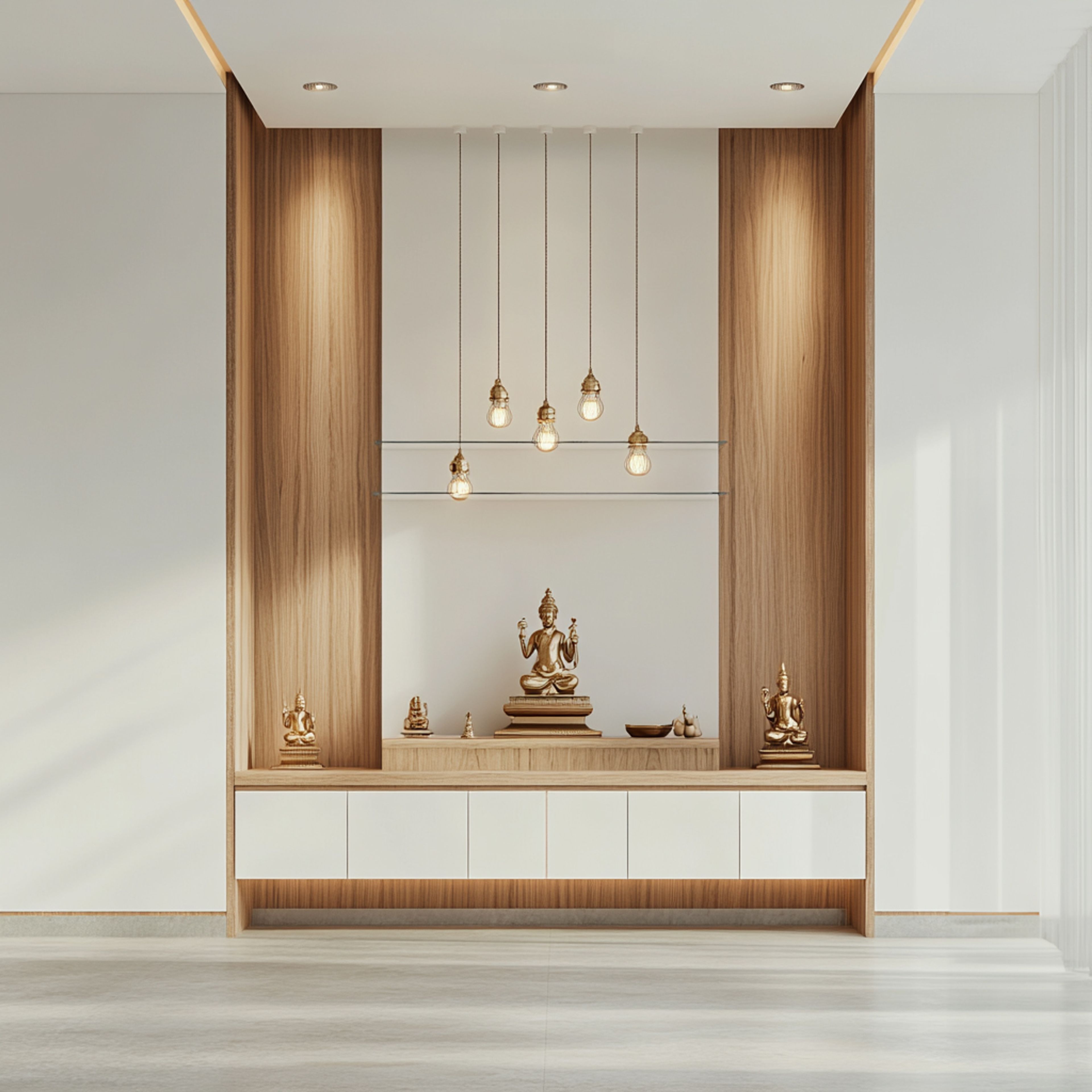 Contemporary Pooja Room Design with Wooden Accent Wall