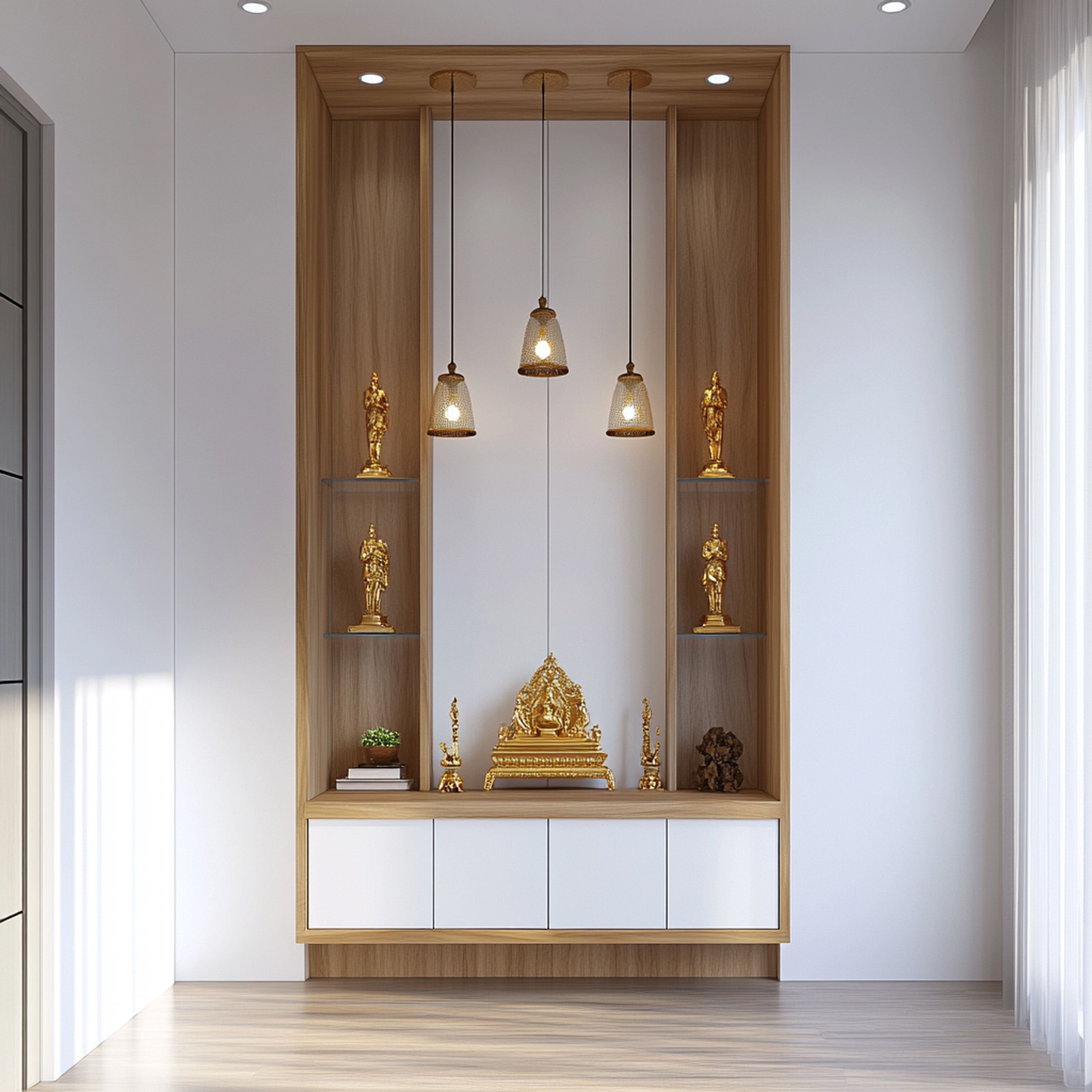Contemporary Pooja Room Design with Wooden Accent Wall