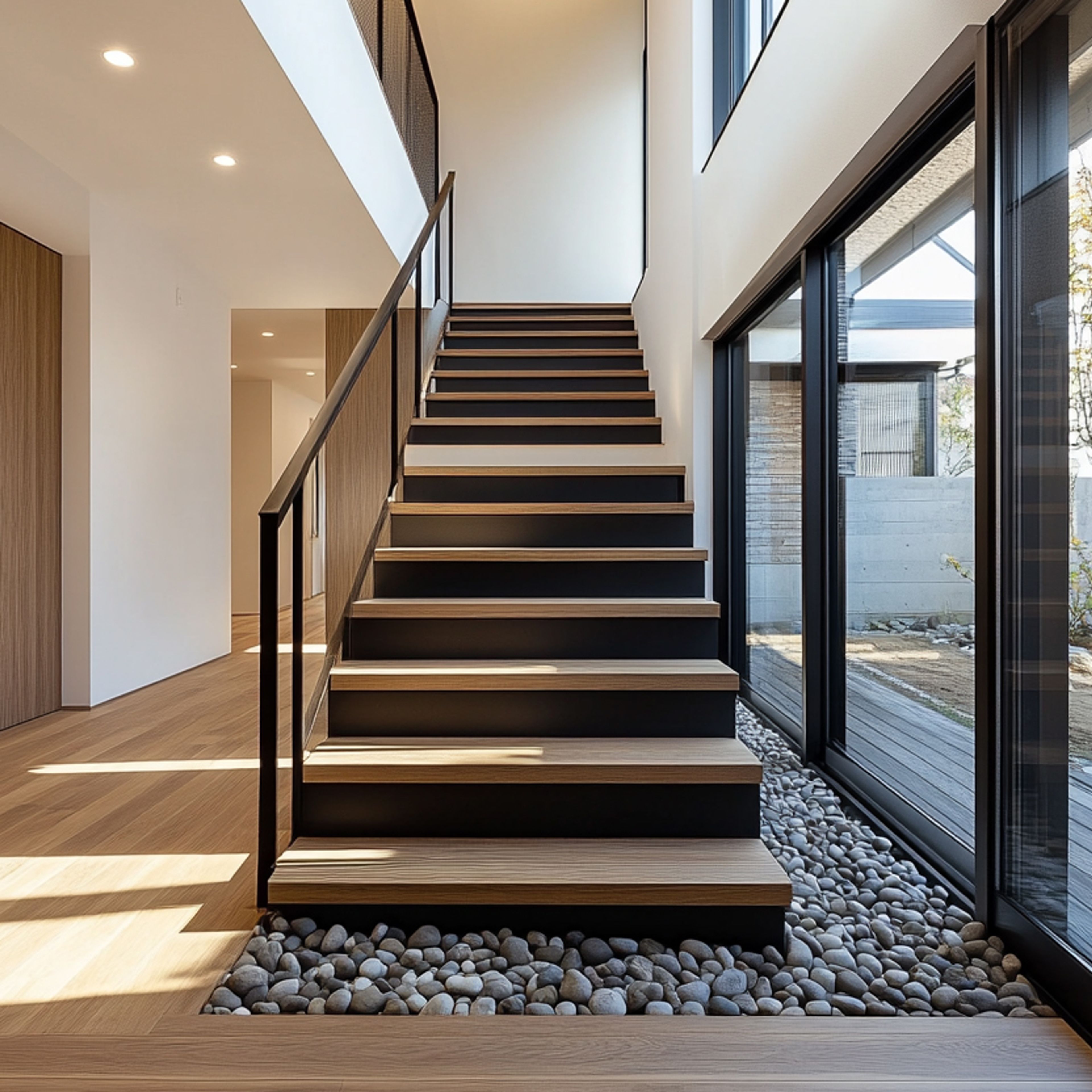 Modern Straight Staircase Design with Wood, Concrete, Metal, Glass