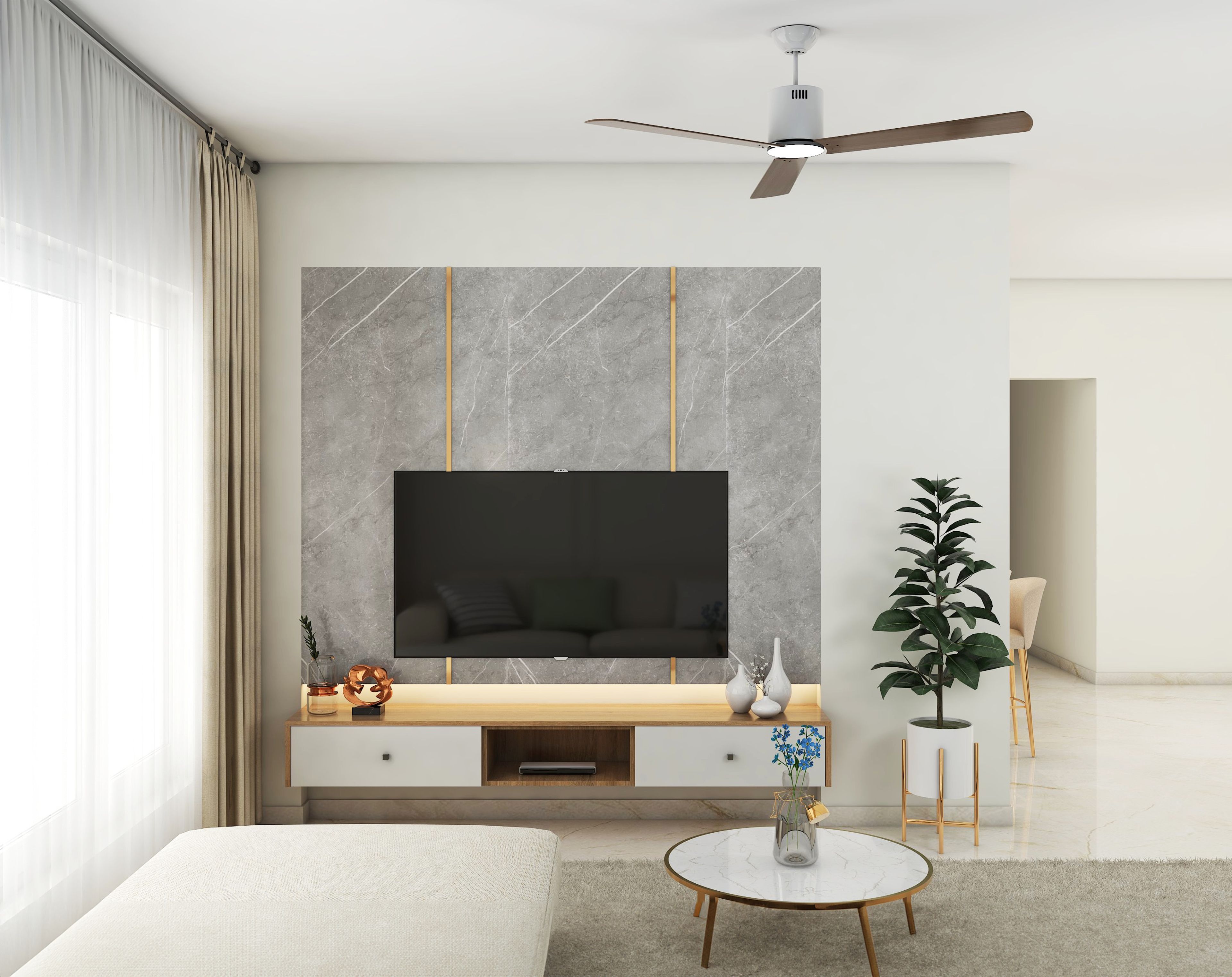 Contemporary TV Unit Design with Wall-Mounted Drawer and Open Shelf