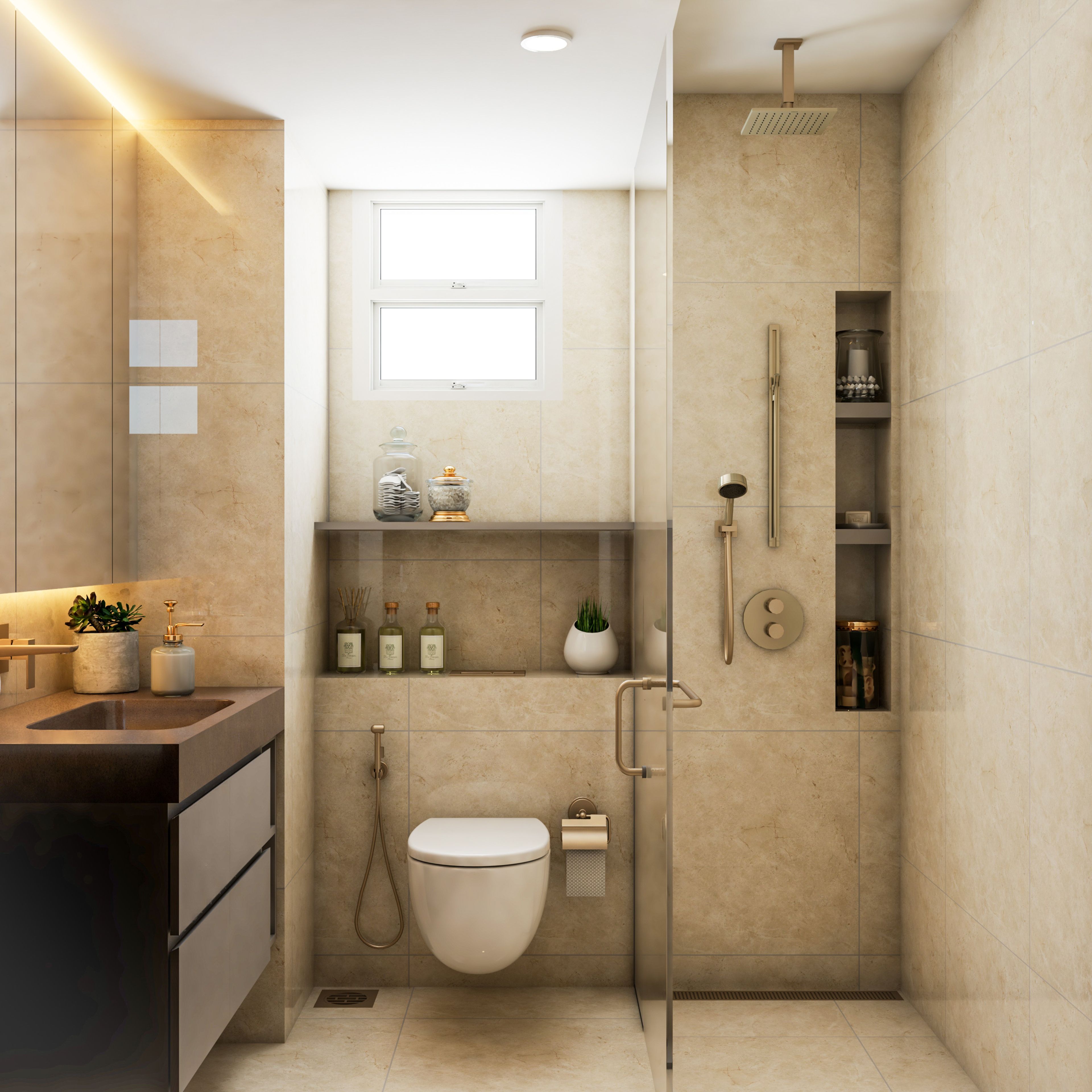 Modern Bathroom Tile Design With A Glossy Cream Wall