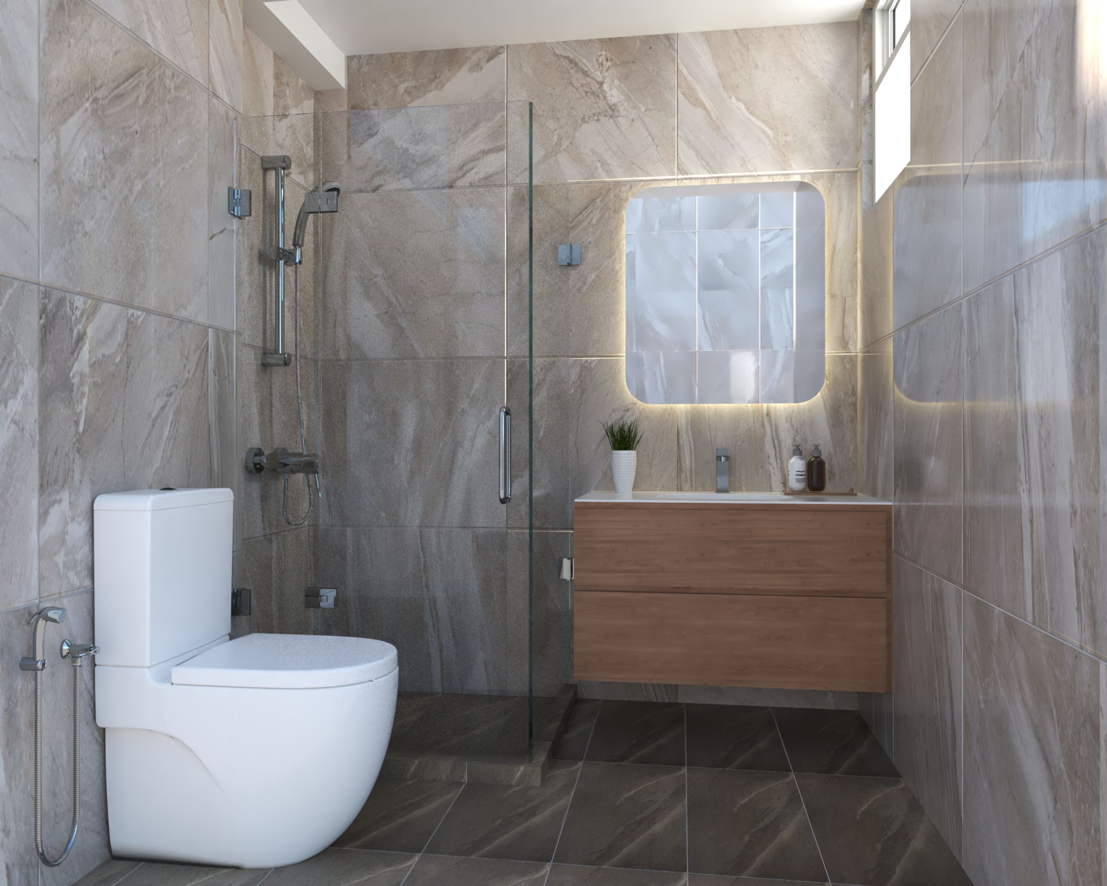 Vanity Counter Cove Lighting Mirror Minimal Compact Bathroom Design  - Livspace