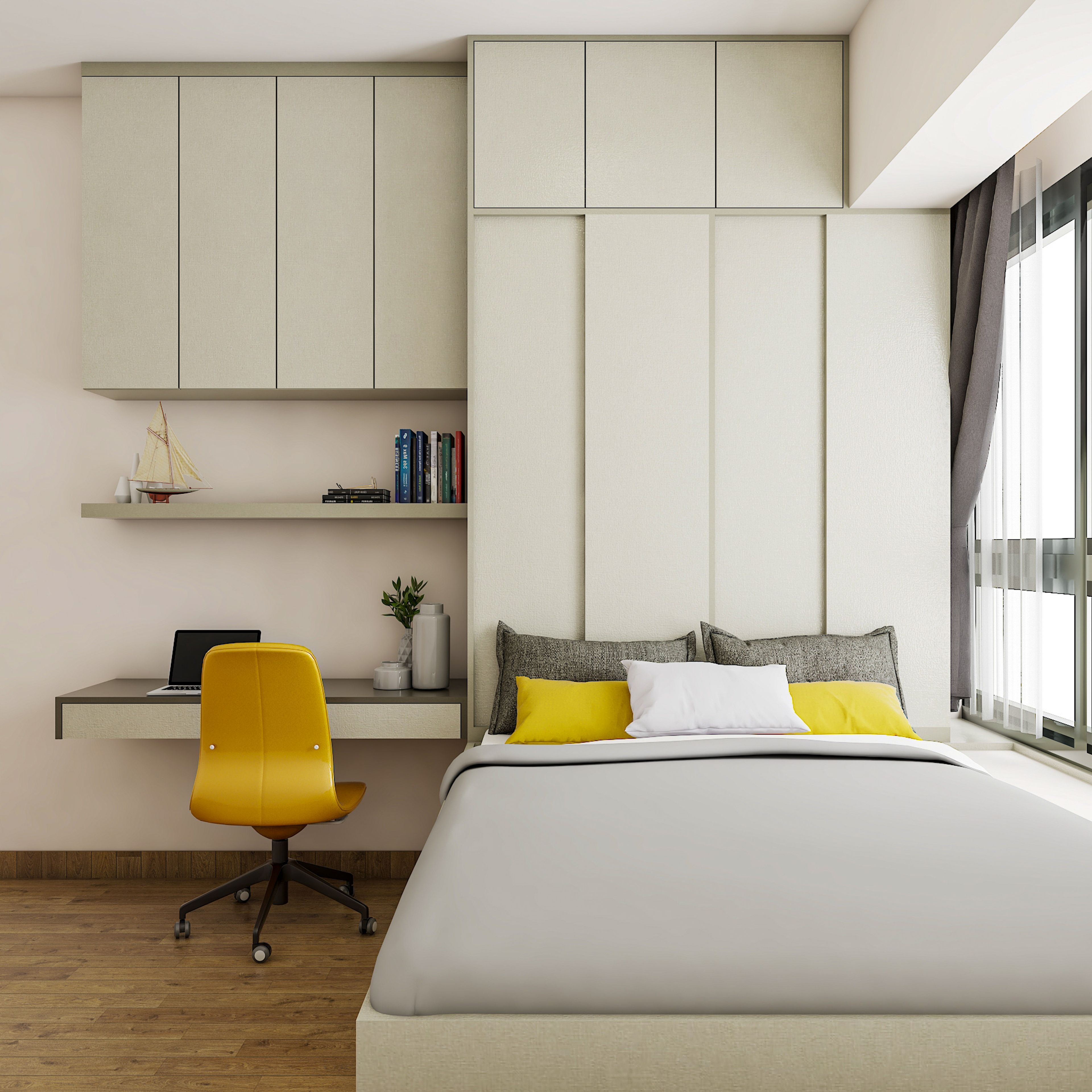 Compact Modern Bedroom Interior Design with Study Desk - Livspace