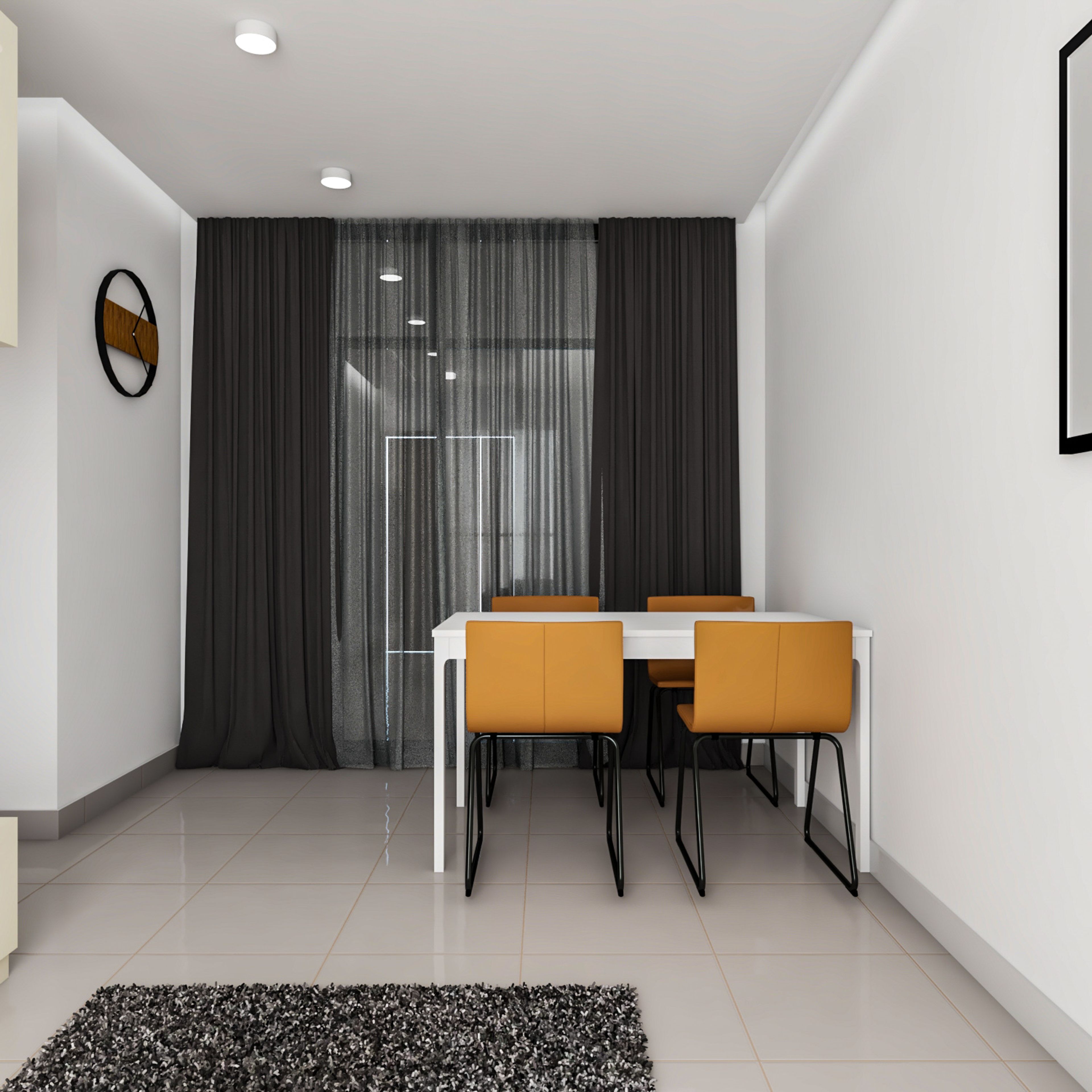 4-Seater Modern Dining Room Design With Black Curtains