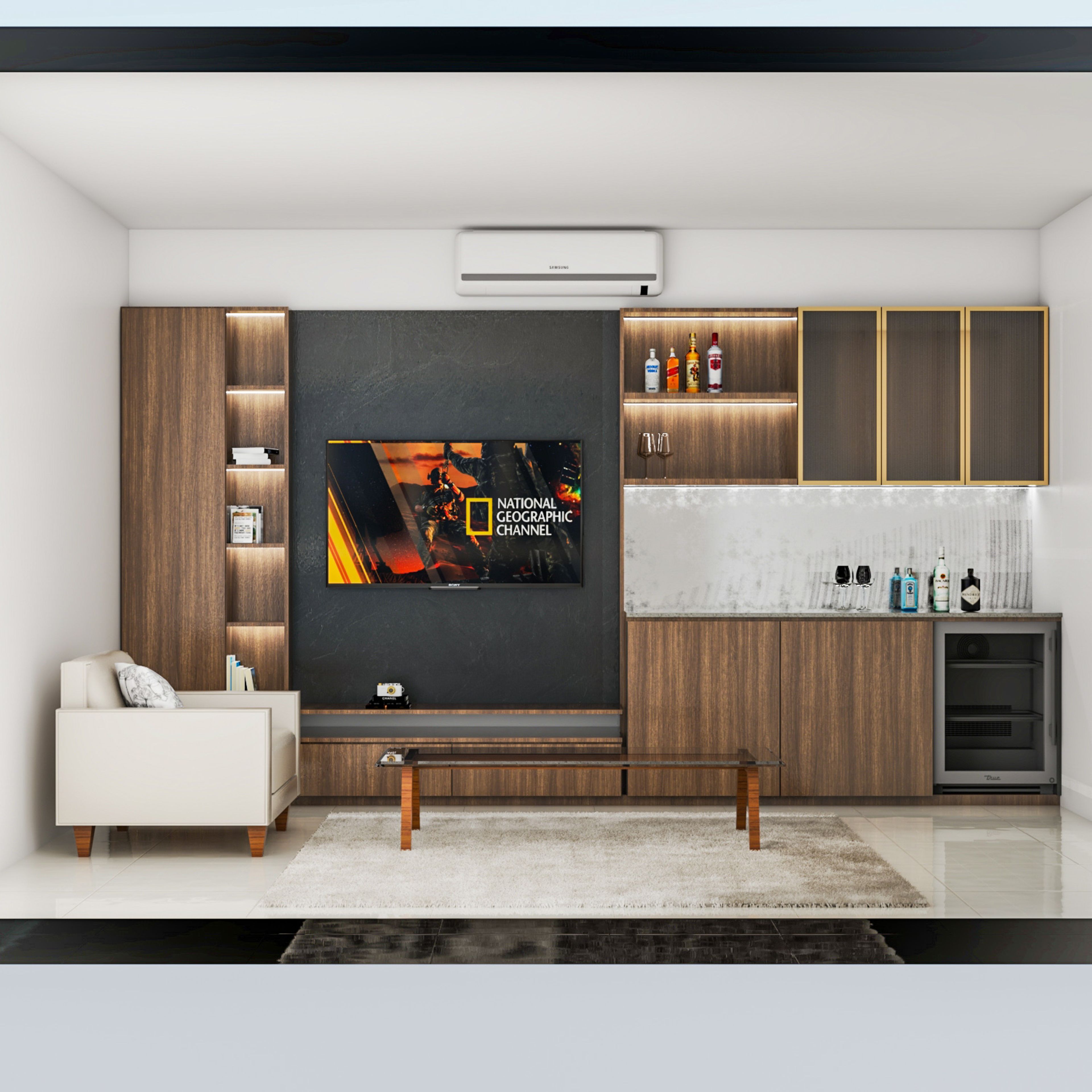 Dark Wood Bar Counter Modern Living Room Interior Design - Livspace