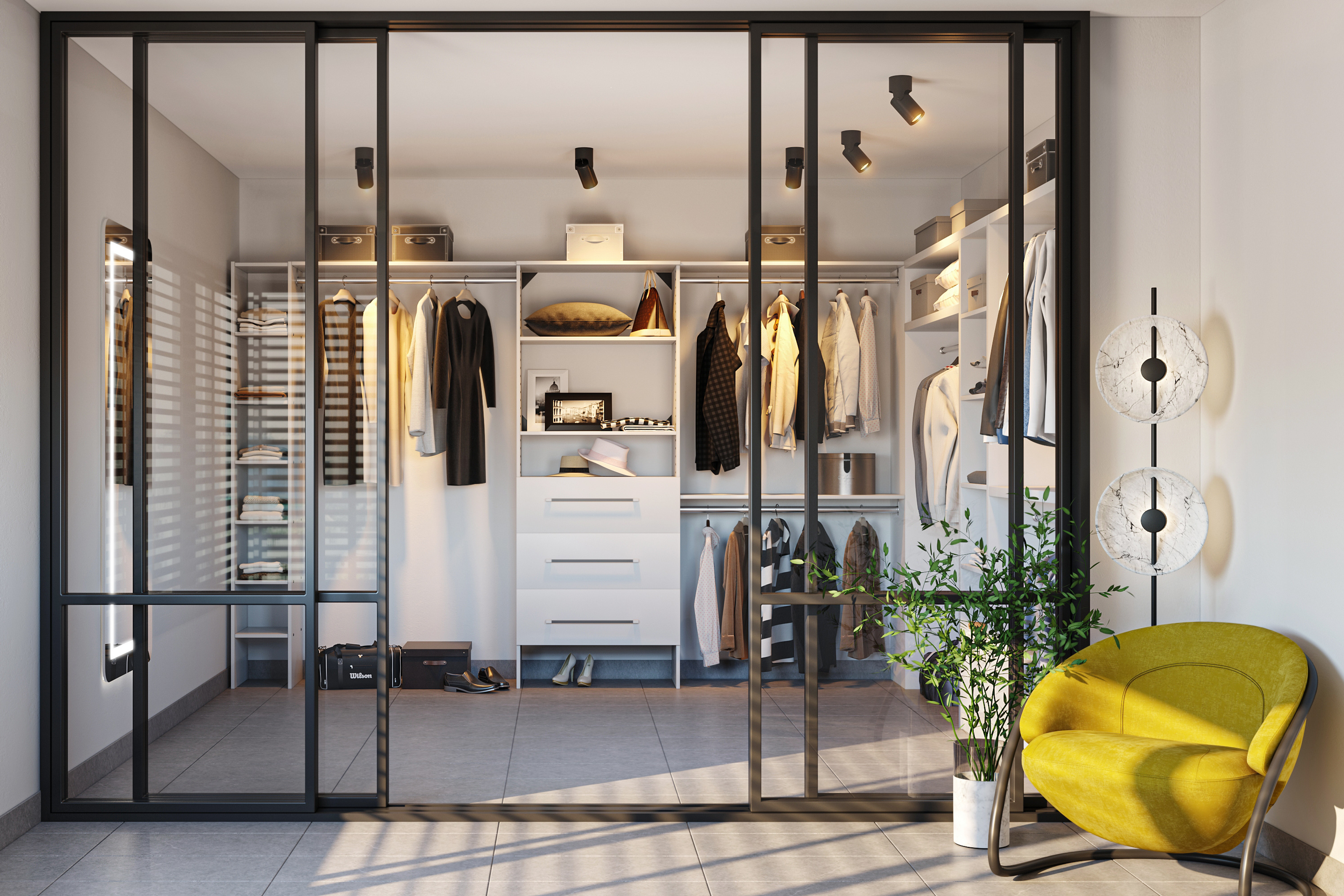 Contemporary Spacious Walk-In Wardrobe Design with Drawers and Shelves - Livspace