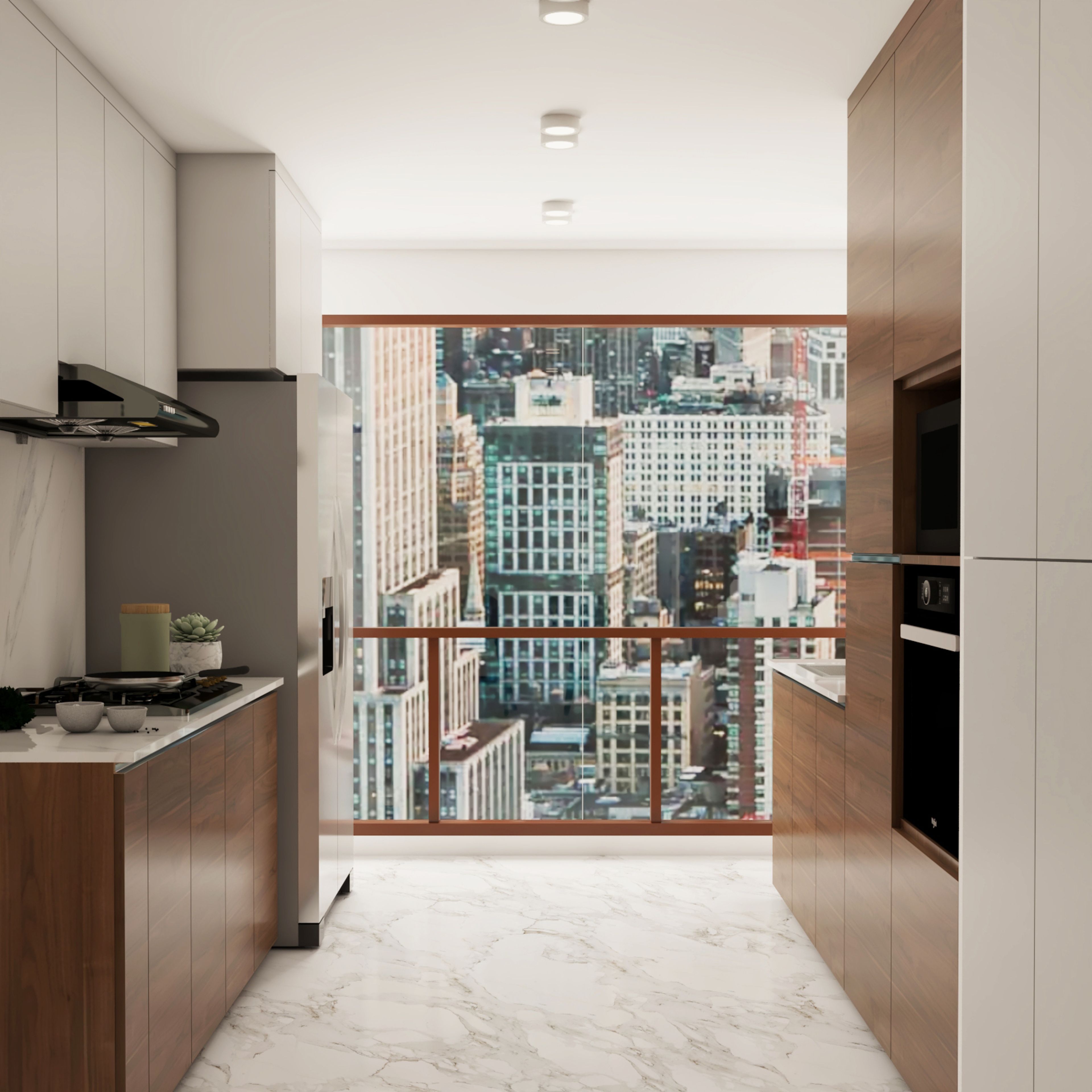 Wood And White Parallel Kitchen - Livspace