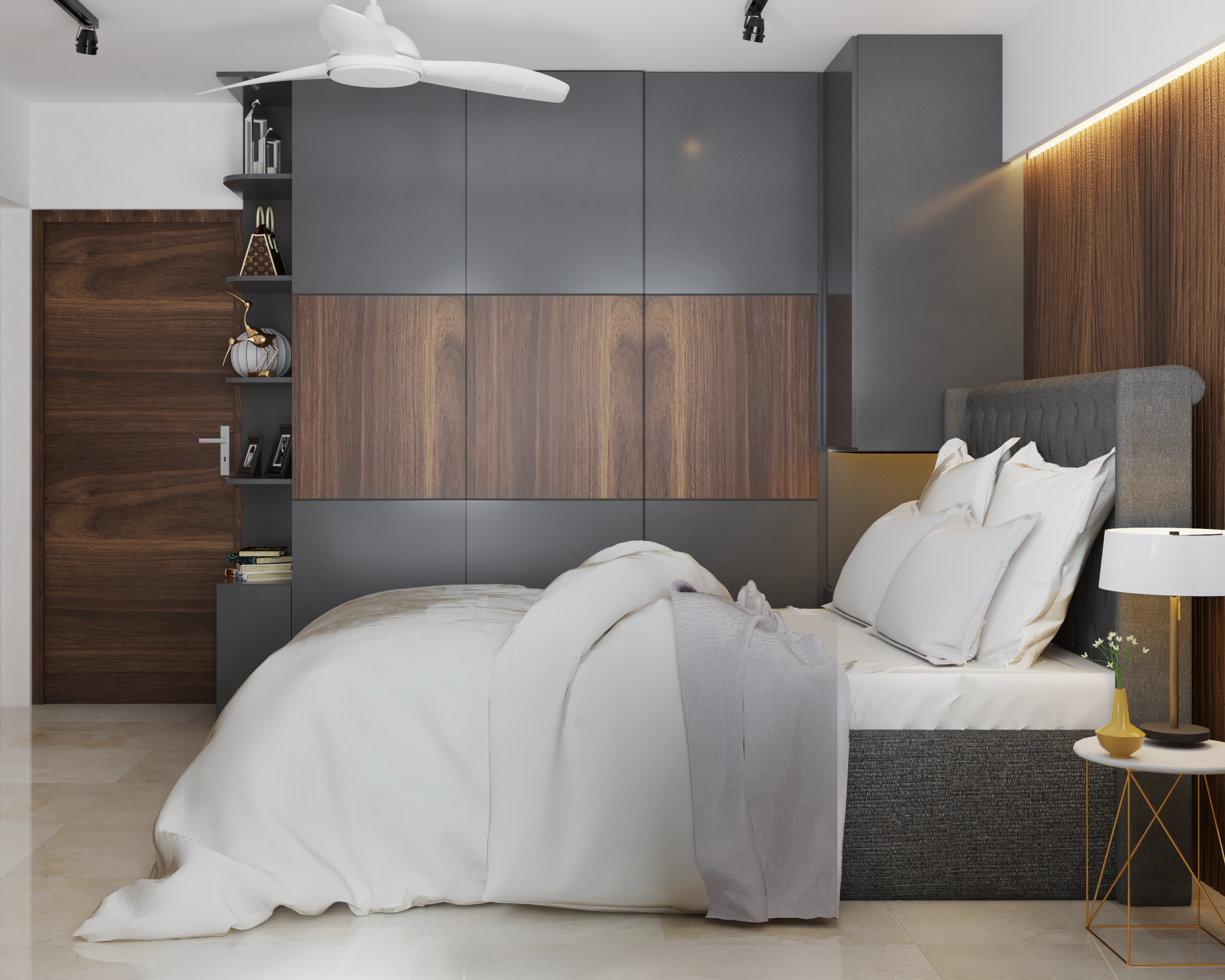Compact Bedroom with Wood and Grey Tones - Livspace
