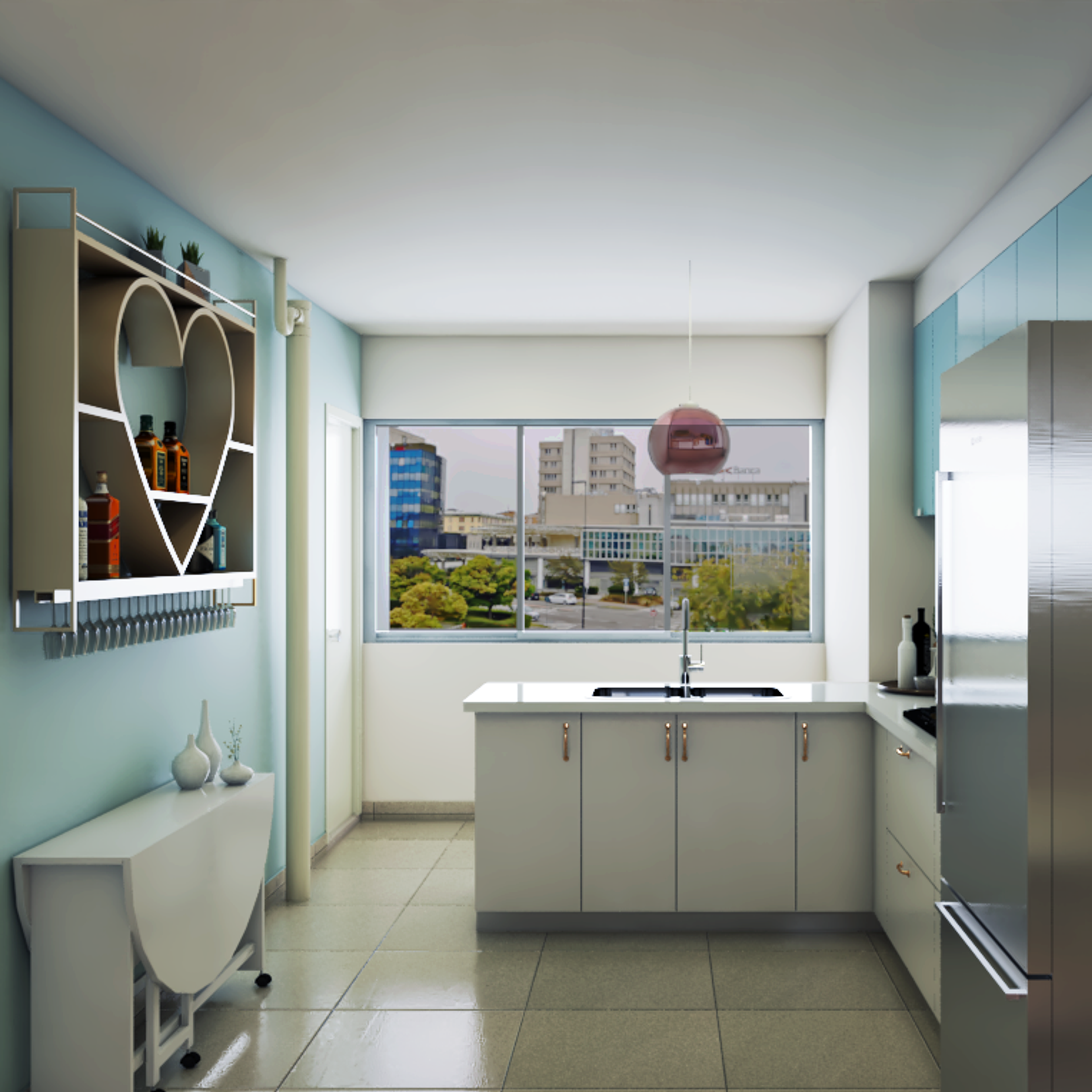 Light Blue and White L-Shaped Kitchen Design with Fridge and Stove - Livspace
