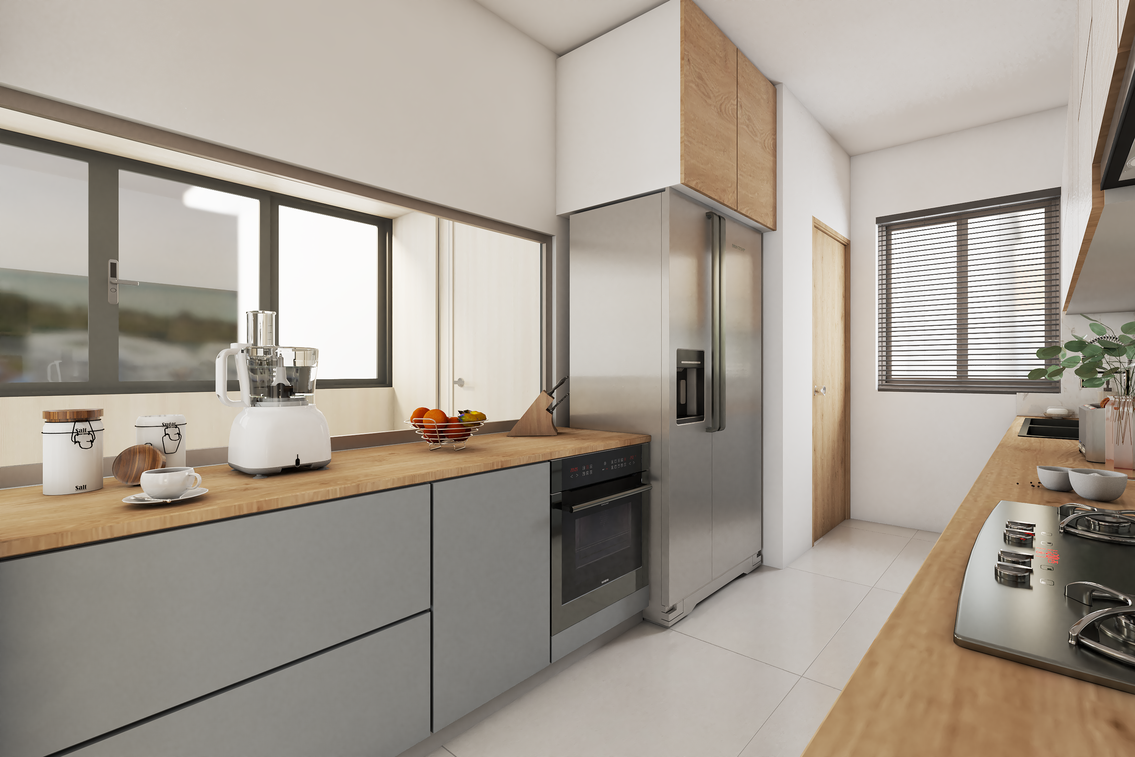 Light Grey and Wood Modern Kitchen Design with Open Shelves - Livspace