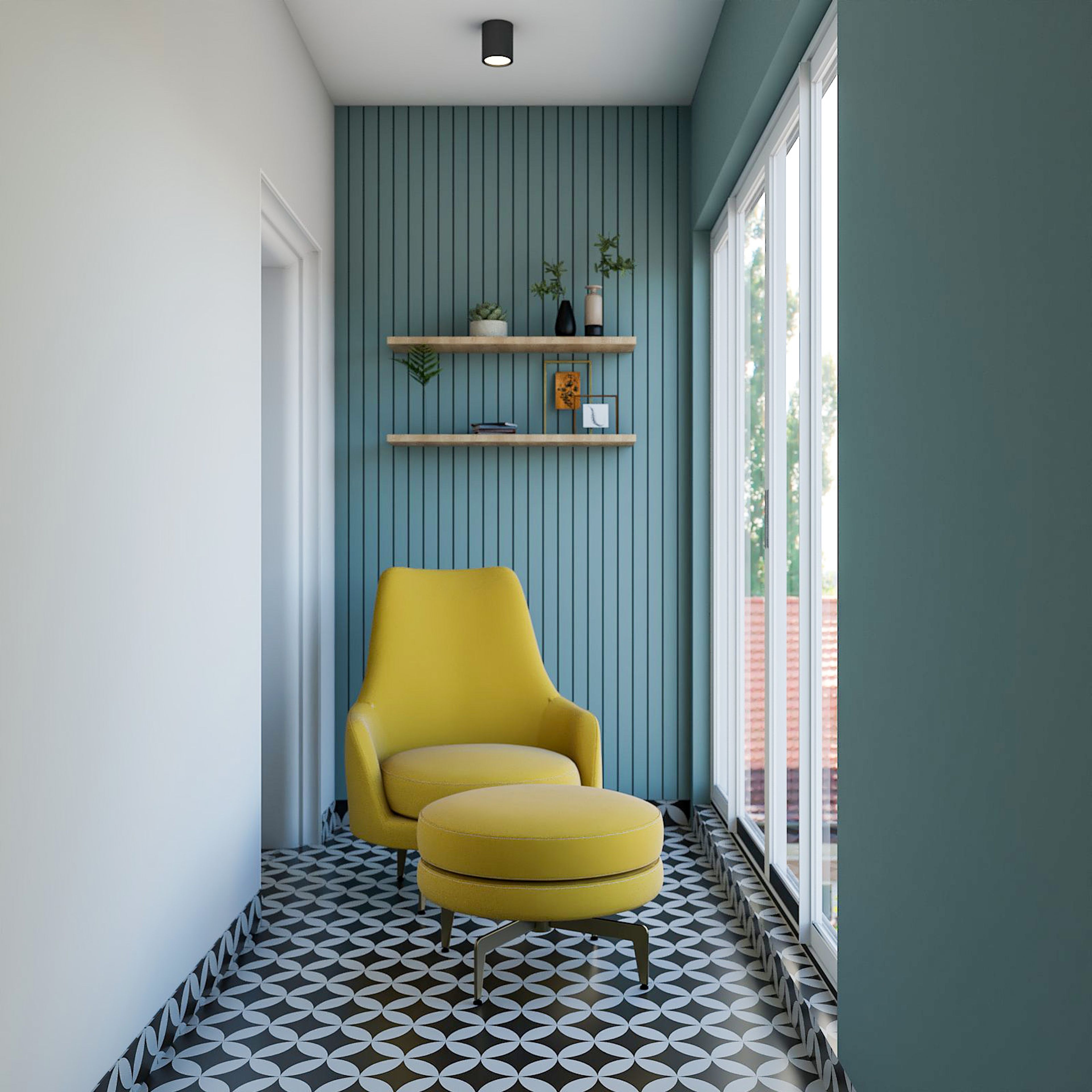 Modern Closed Balcony Design With Blue Wall Panelling