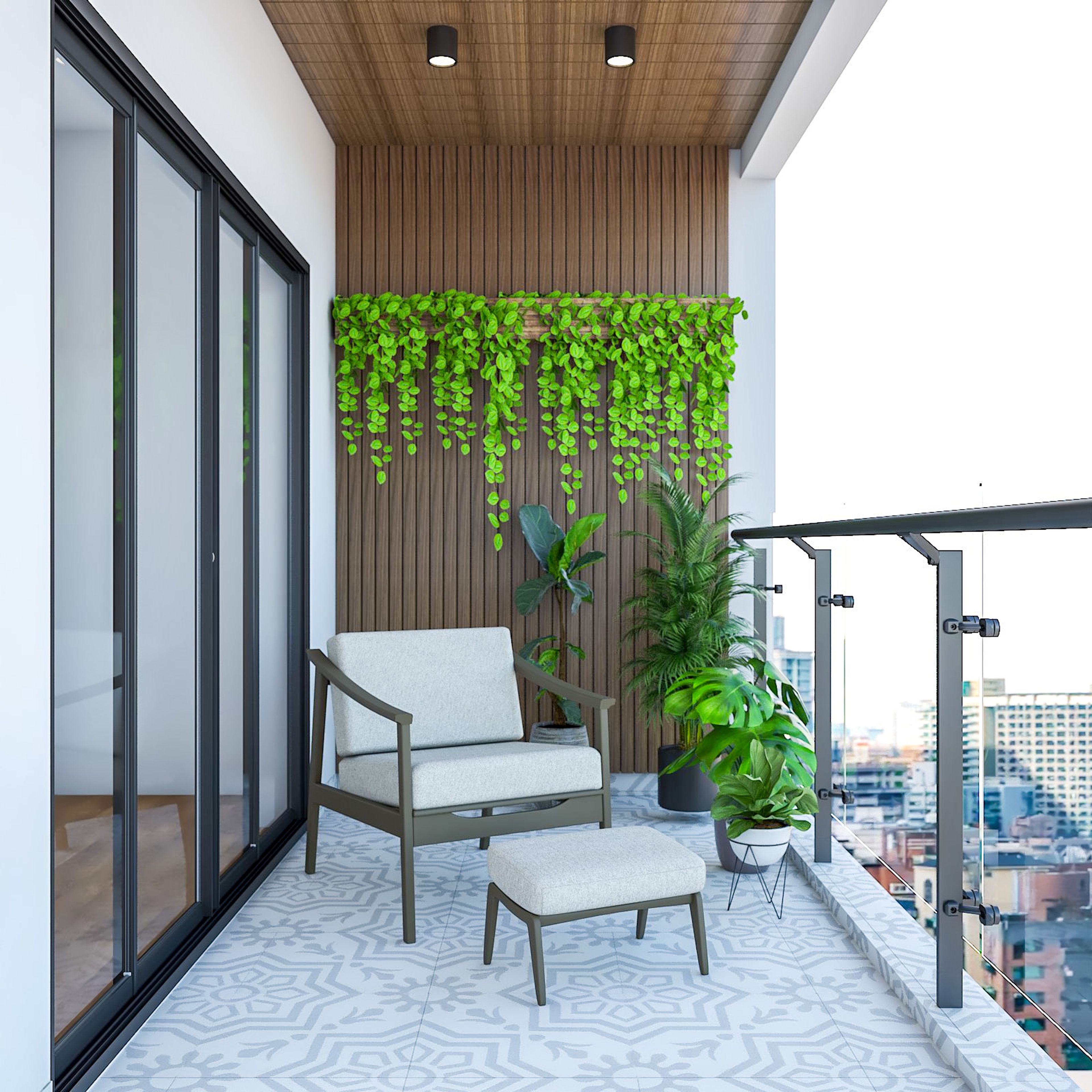 Contemporary Balcony Design With Floor-To-Ceiling Wooden Panelling