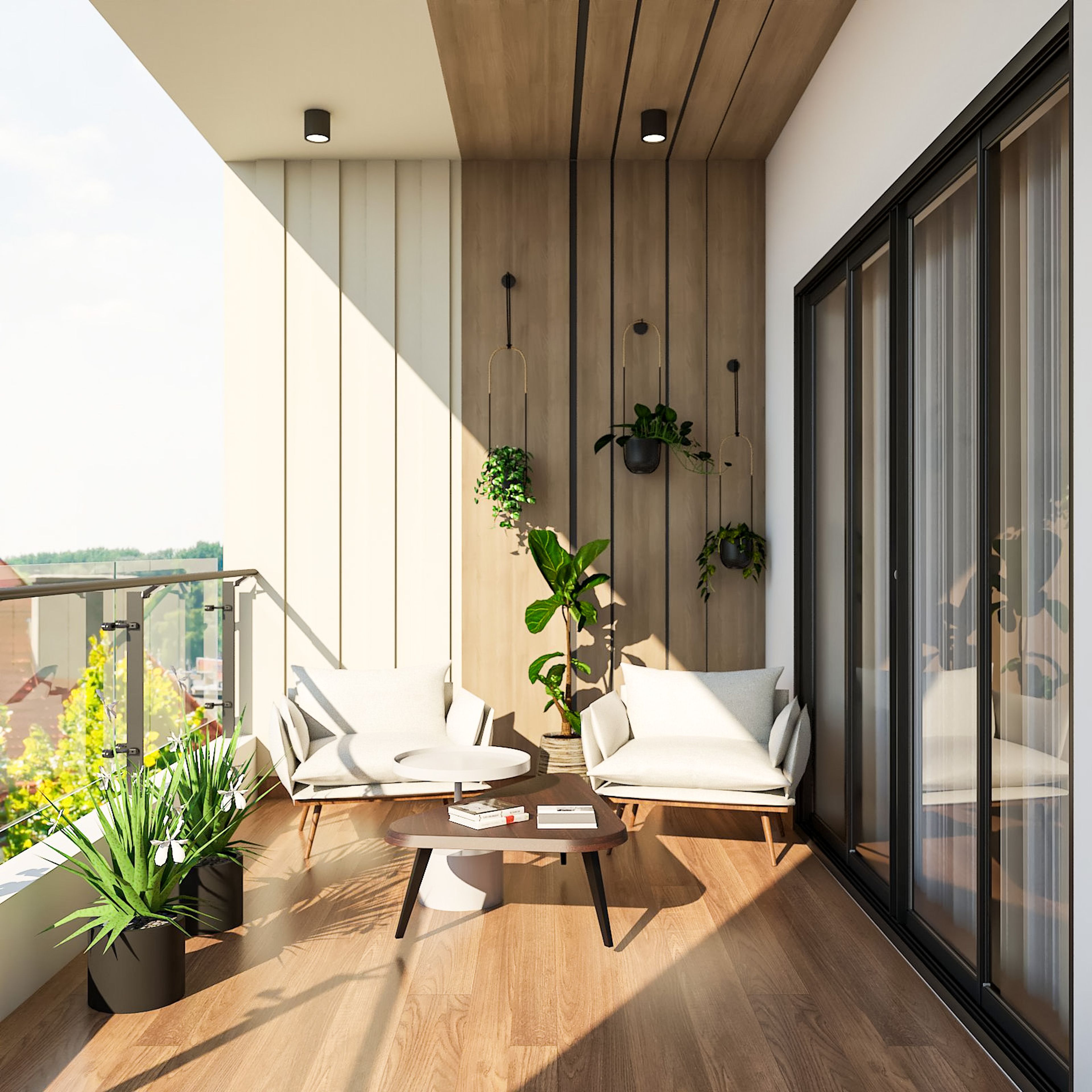 Modern Balcony Design With Dual-Toned Wooden Wall