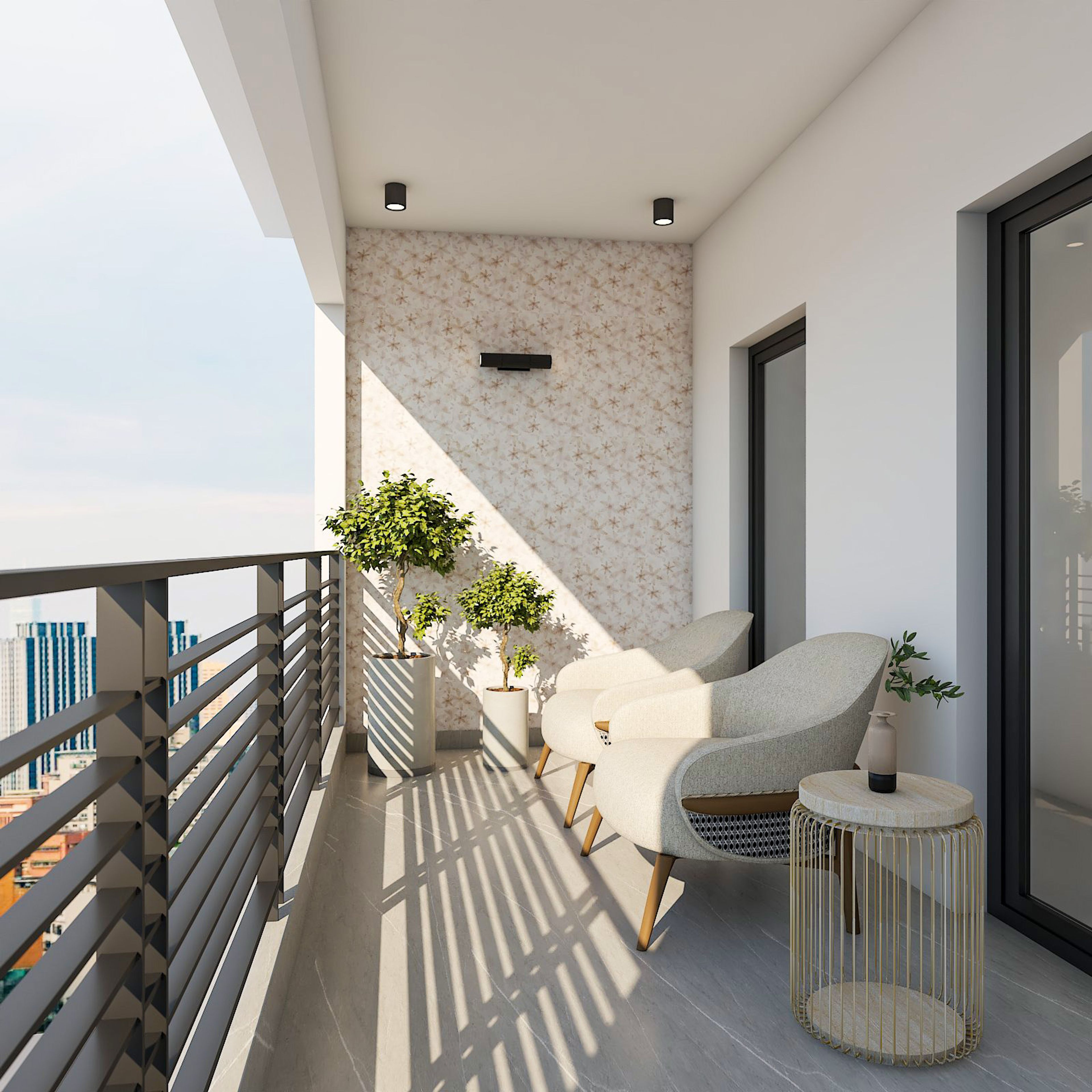 Minimal Balcony Design With Beige Floral Wallpaper
