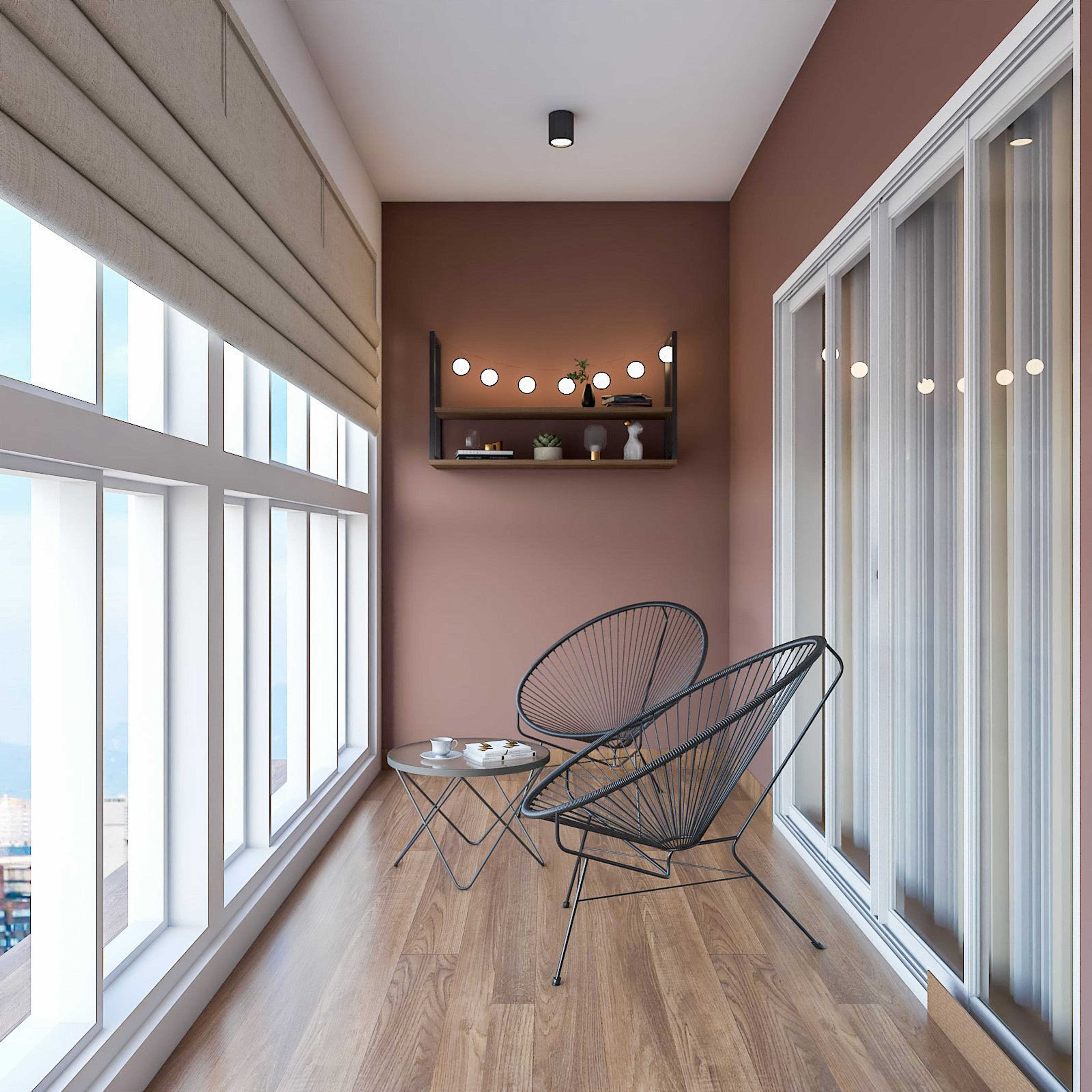 Minimal Closed Balcony Design In Brown With Black Metal Accent Chairs