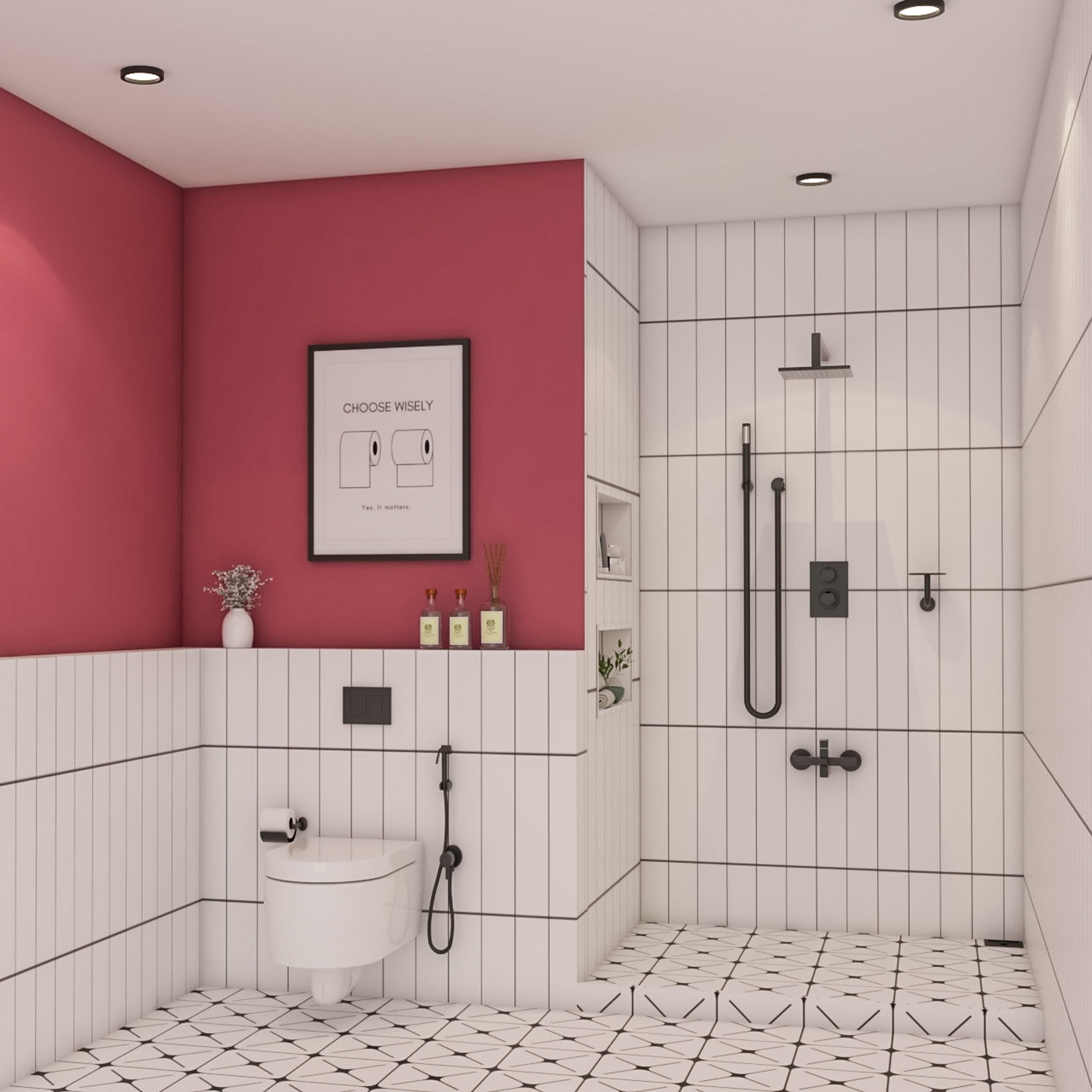 Compact Red And White Bathroom Design With White Tiles - Livspace