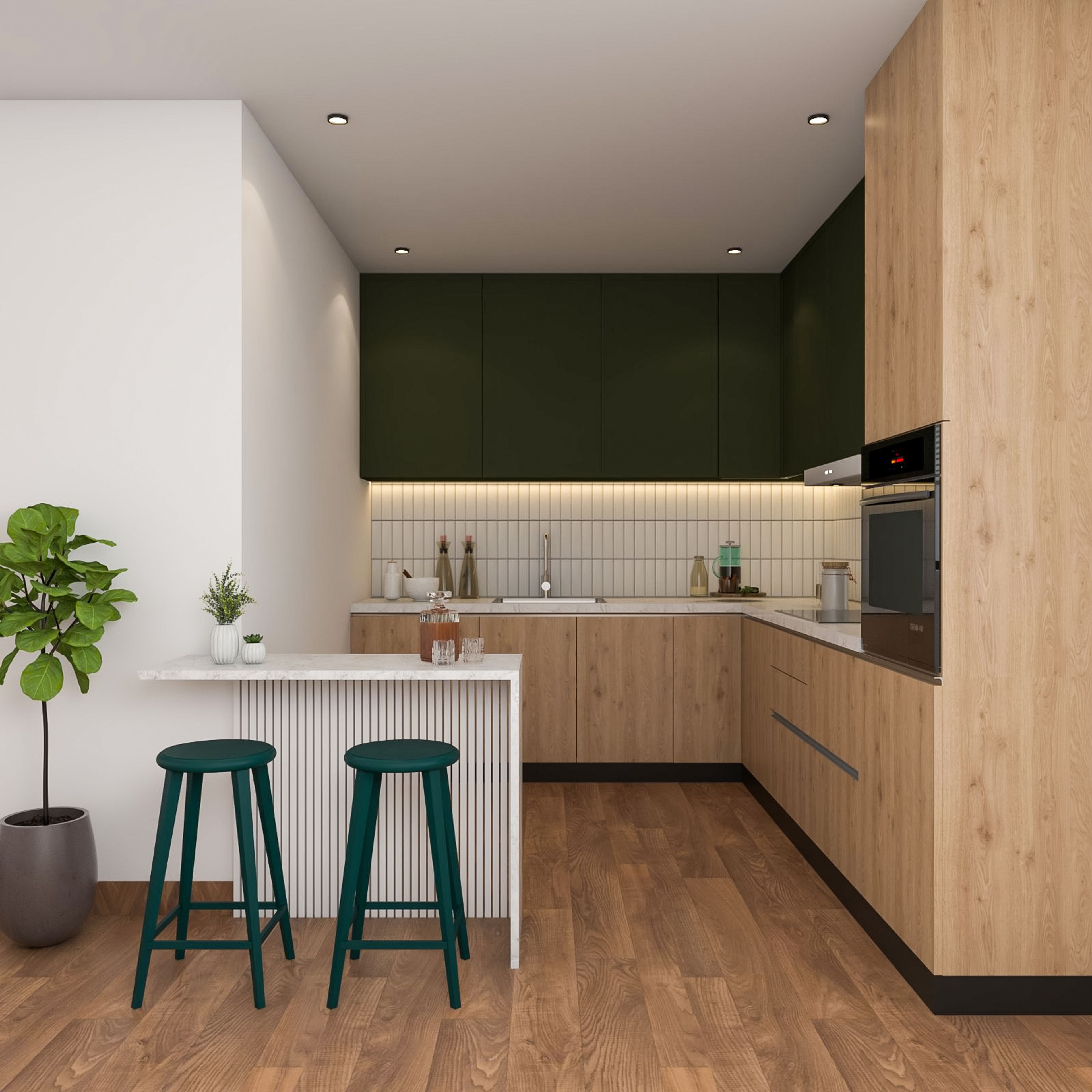 Scandinavian L-shaped kitchen design layout with wooden and green cabinetry and quartz countertops - Livspace