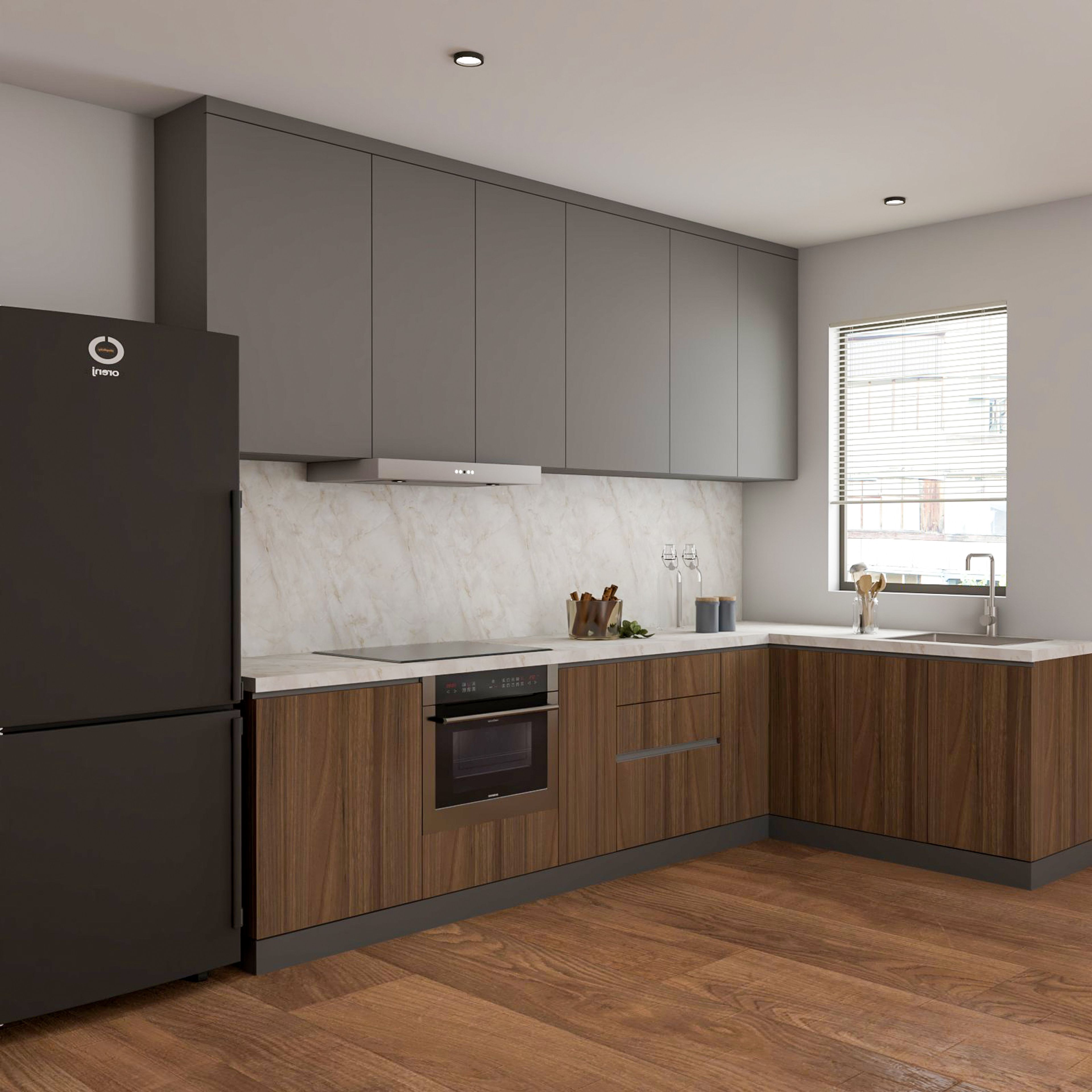 Classic L-shaped kitchen design with marble backsplash, cabinets and drawers, quartz countertop - Livspace