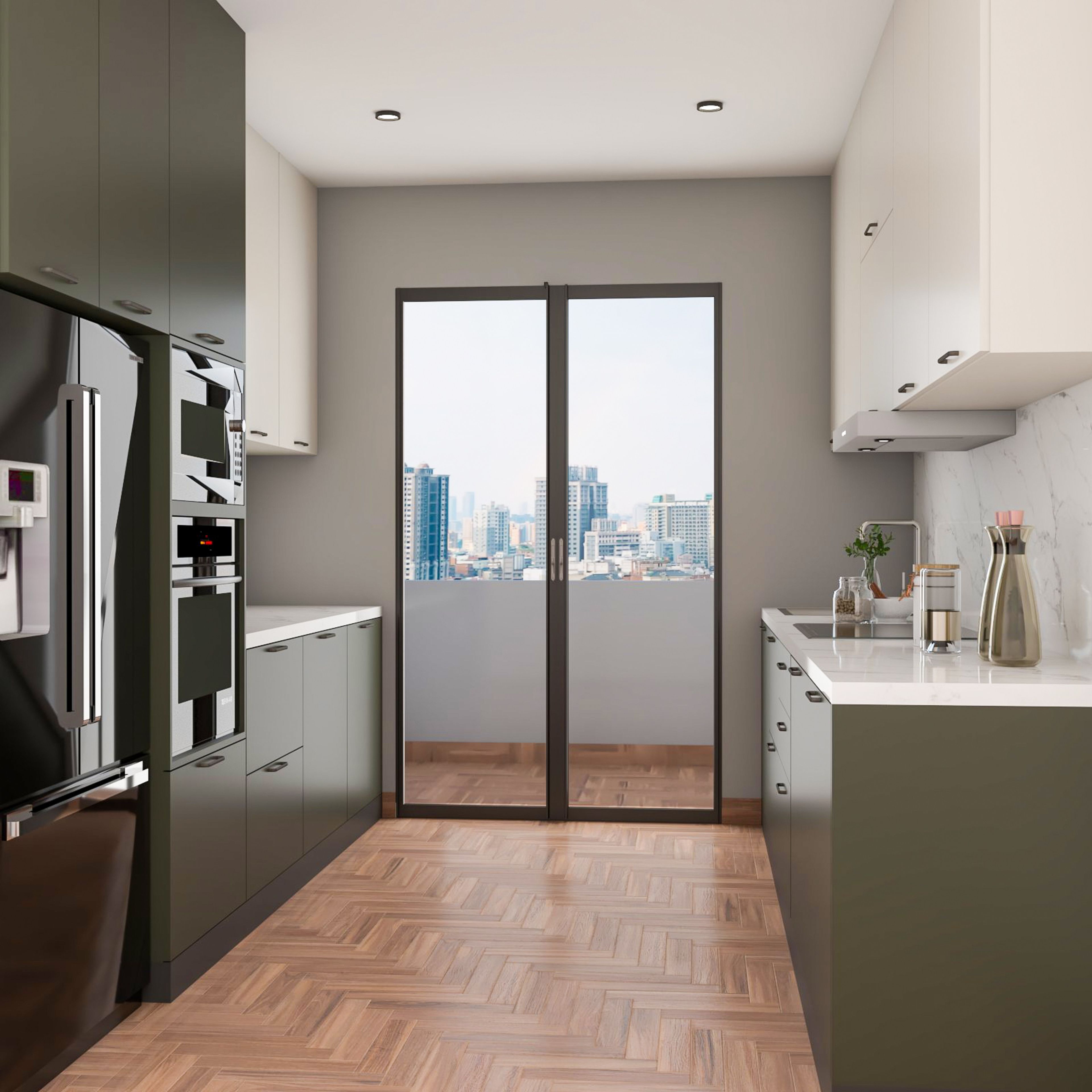 Contemporary parallel kitchen design with cabinets and drawers in green and white colour - Livspace