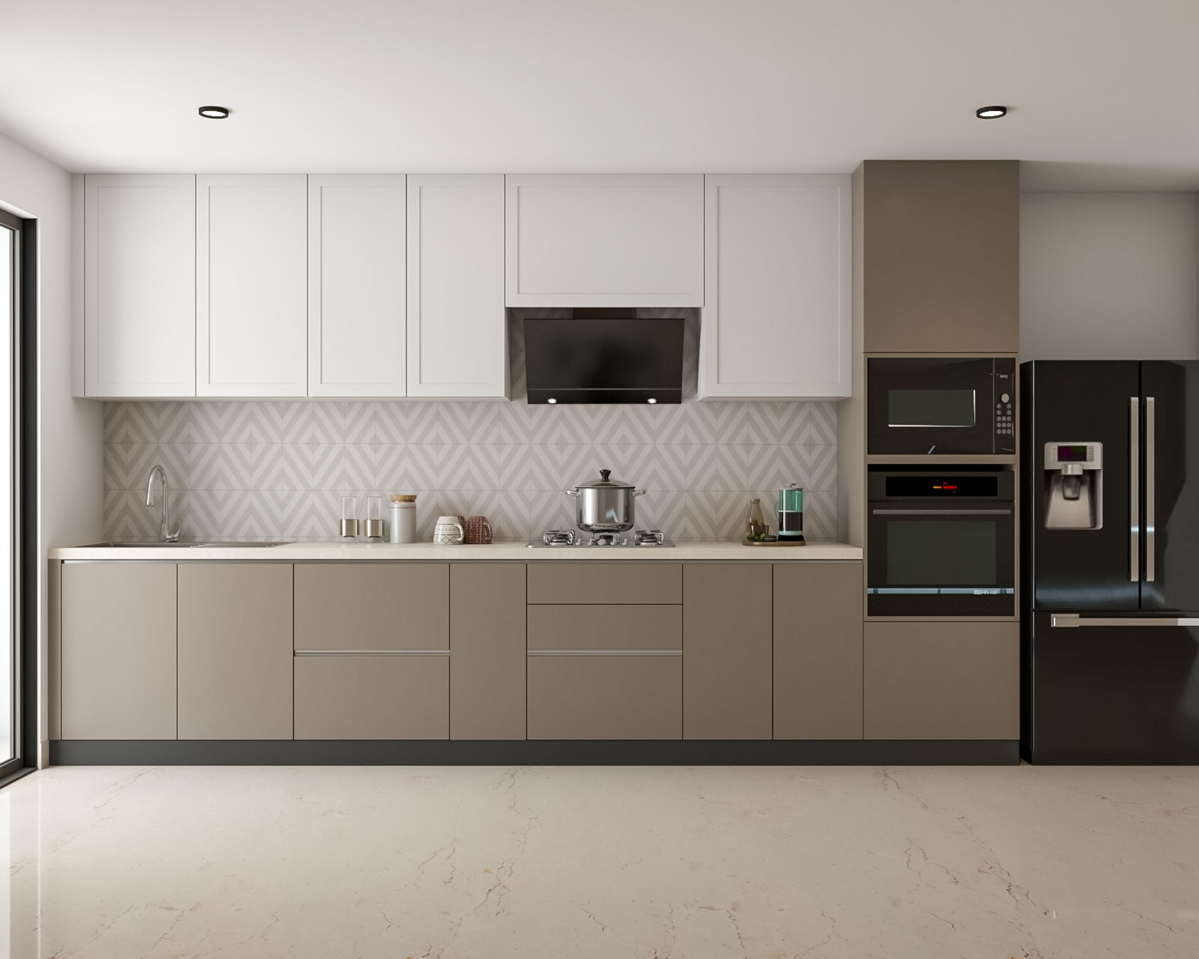 Contemporary kitchen design in beige and white colour with tall units and kitchen cabinets - Livspace